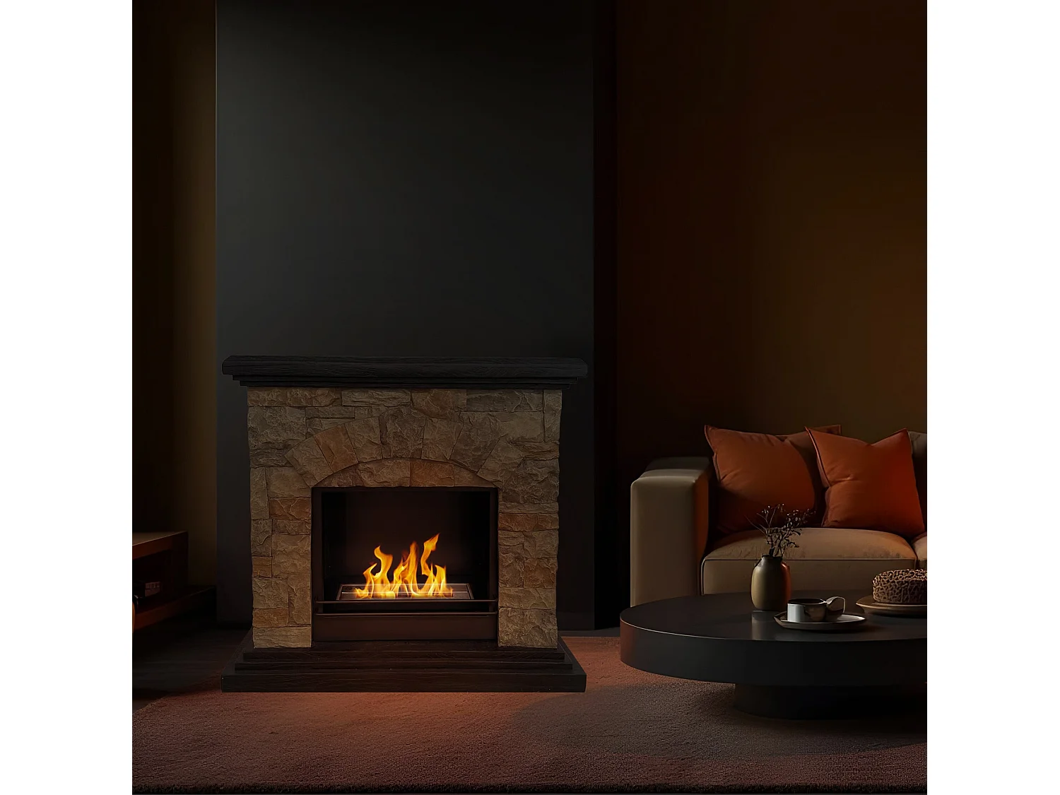 Cheminée au bioéthanol au sol cheminée bio Belluno effet imitation pierre L105xP38xH100