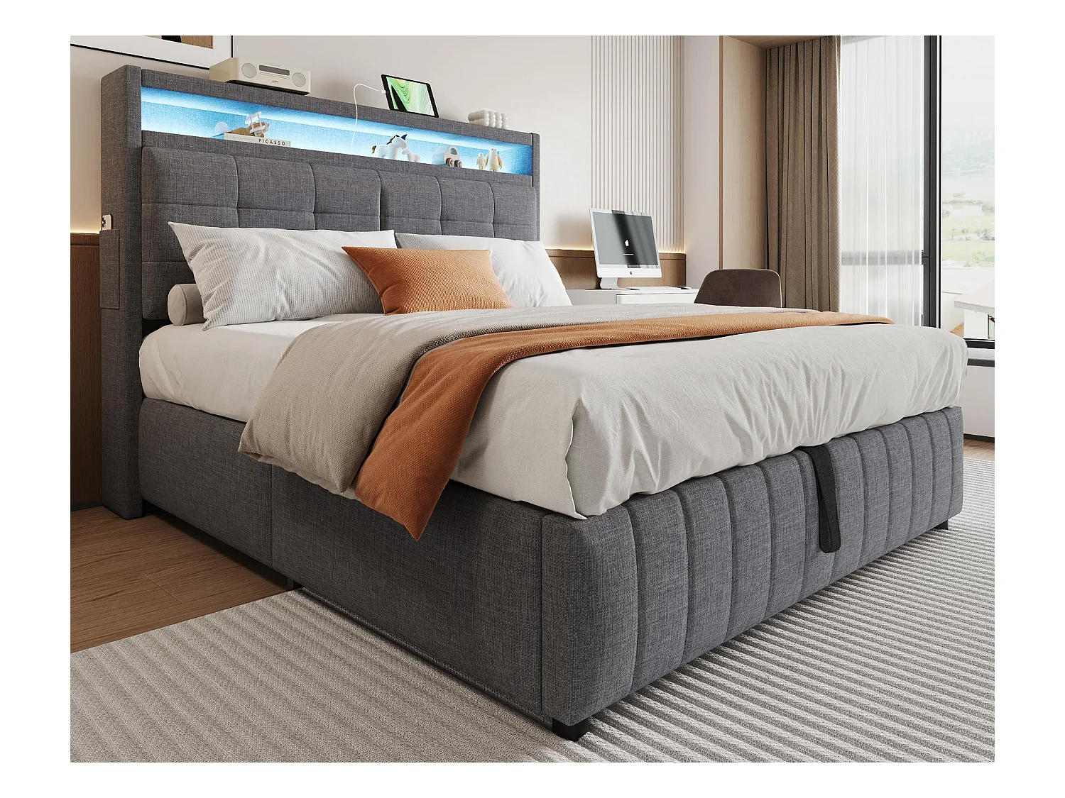 Cama contenedor tapizada de lino - 160x200 cm - con LED + toma USB + somier - Gris