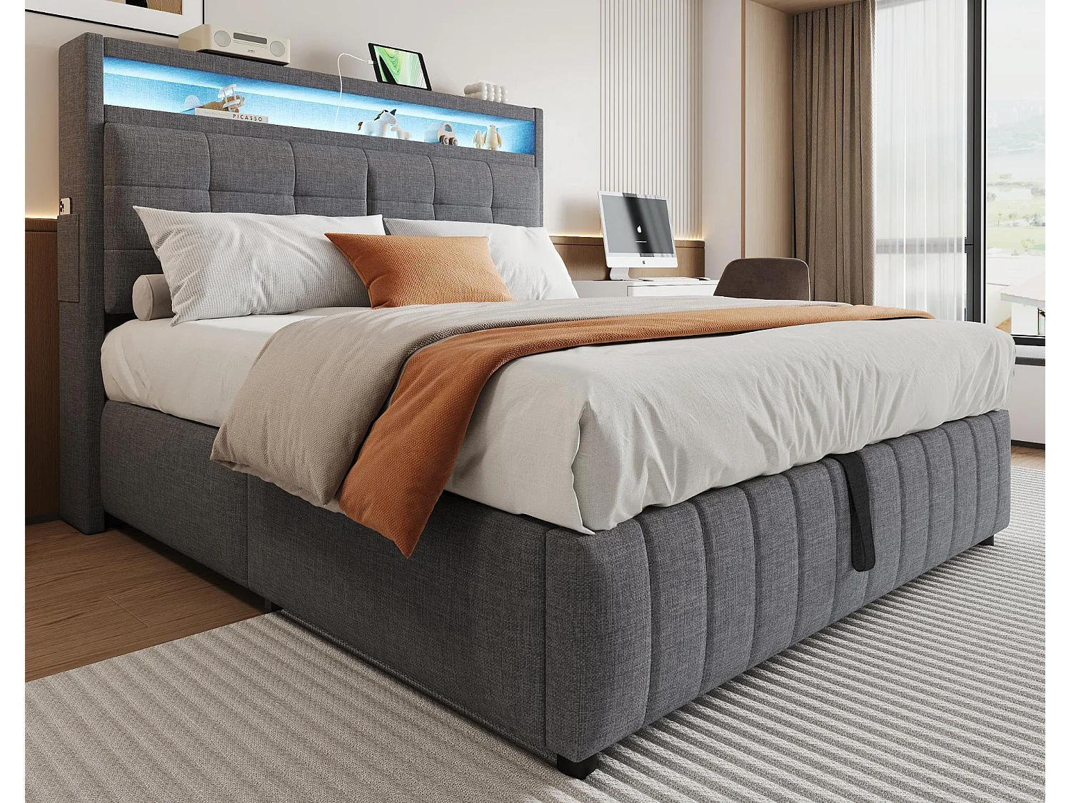 Gepolstertes Stauraumbett aus Leinen – 160 x 200 cm – mit LED + USB-Buchse + Lattenrost – Grau