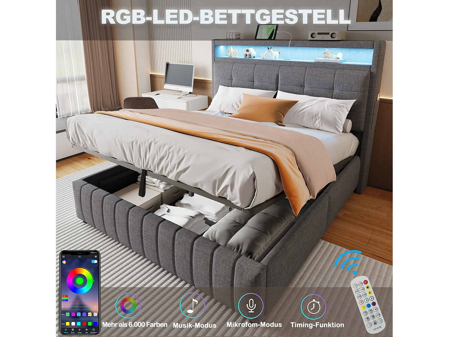 Gepolstertes Stauraumbett aus Leinen – 160 x 200 cm – mit LED + USB-Buchse + Lattenrost – Grau