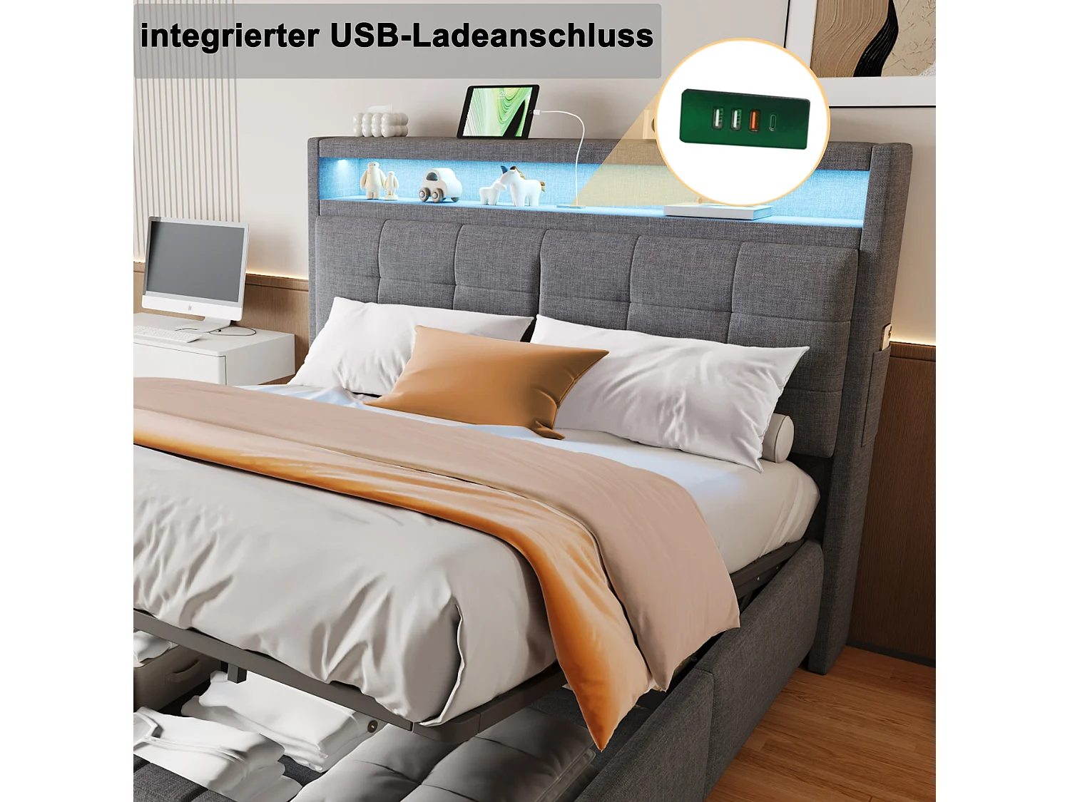 Gepolstertes Stauraumbett aus Leinen – 160 x 200 cm – mit LED + USB-Buchse + Lattenrost – Grau