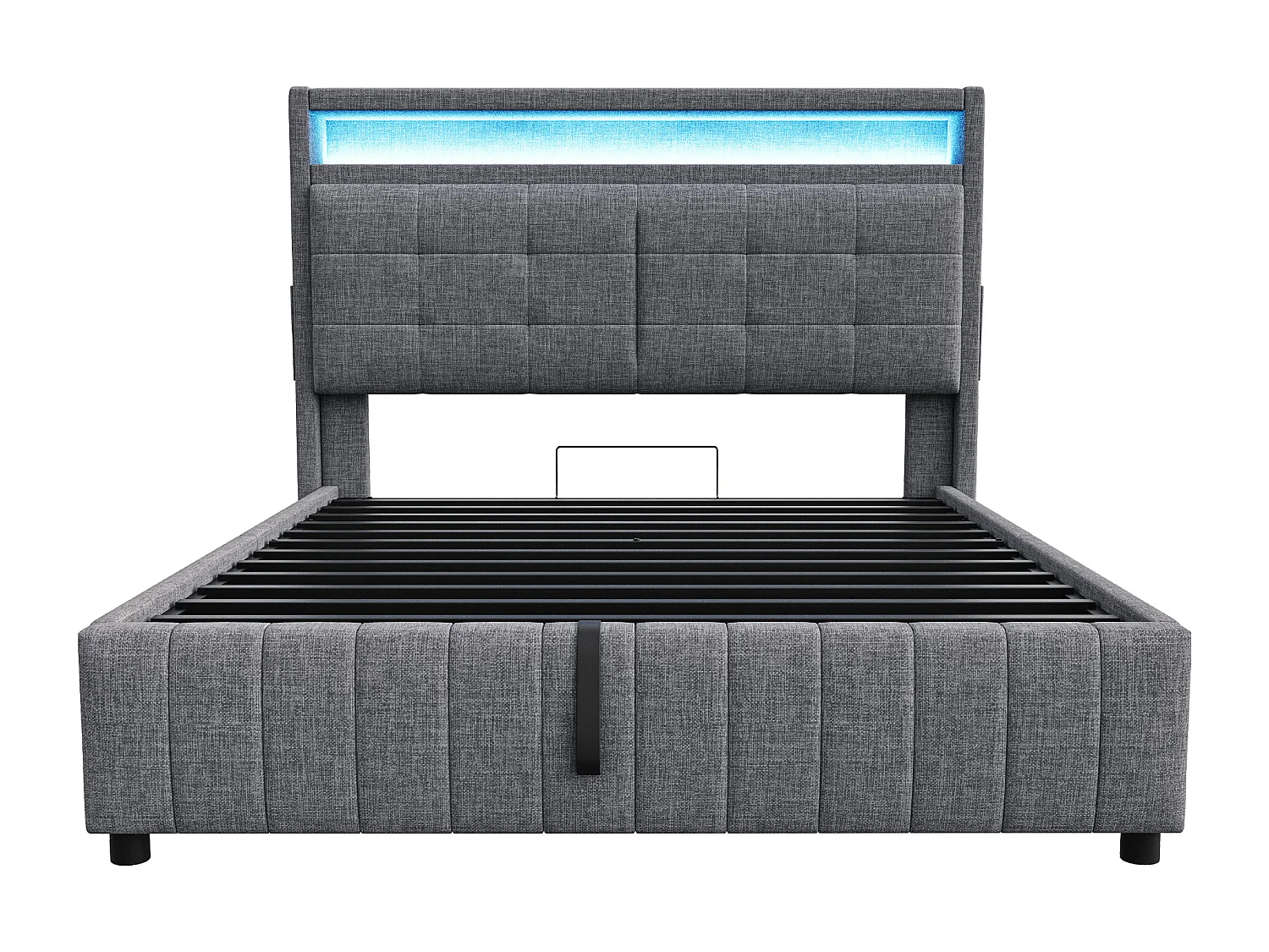 Gepolstertes Stauraumbett aus Leinen – 160 x 200 cm – mit LED + USB-Buchse + Lattenrost – Grau