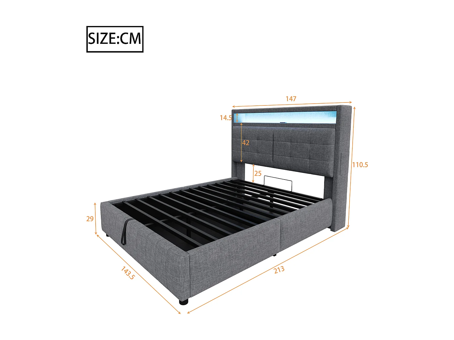 Lit coffre de rangement rembourré en lin - 140x200 cm - avec LED + prise USB + sommier à lattes - Gris