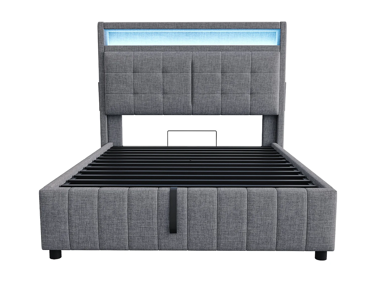 Lit coffre de rangement rembourré en lin - 140x200 cm - avec LED + prise USB + sommier à lattes - Gris
