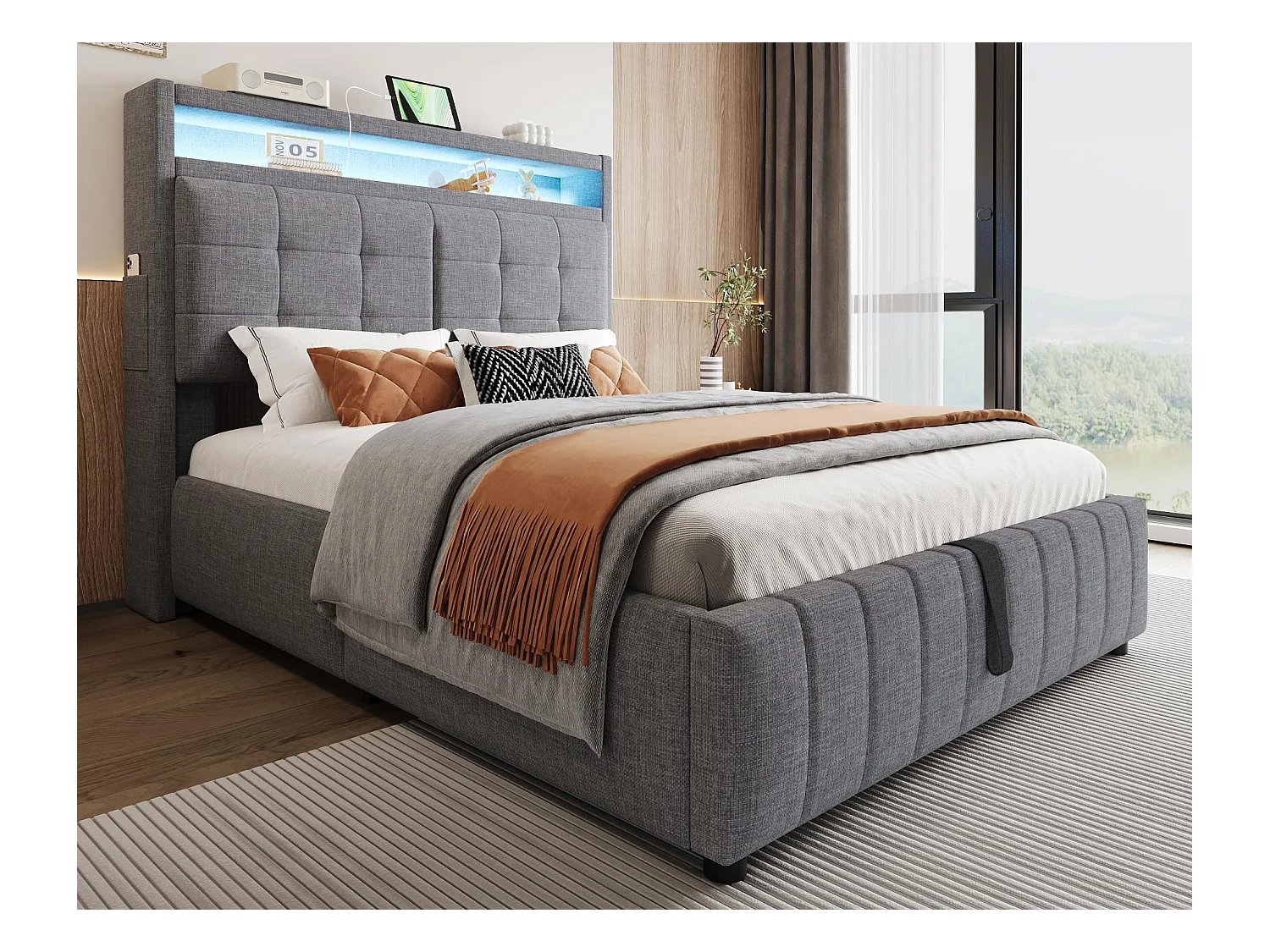 Cama con almacenaje acolchado de lino - 140x200 cm - con LED + toma USB + somier - Gris