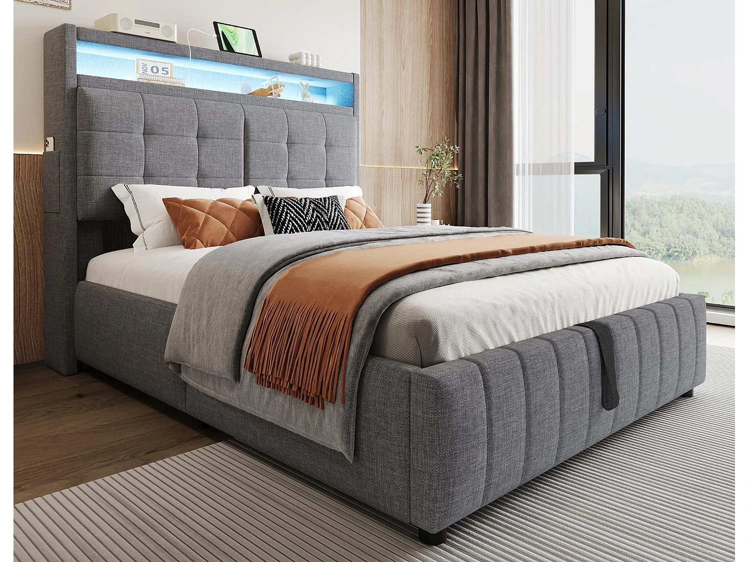 Letto contenitore imbottito per biancheria - 140x200 cm - con LED + presa USB + rete a doghe - Grigio