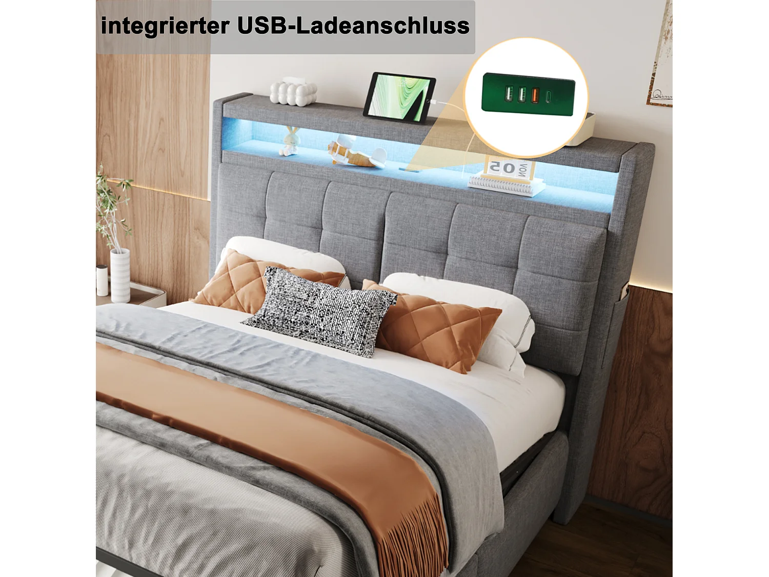 Letto contenitore imbottito per biancheria - 140x200 cm - con LED + presa USB + rete a doghe - Grigio