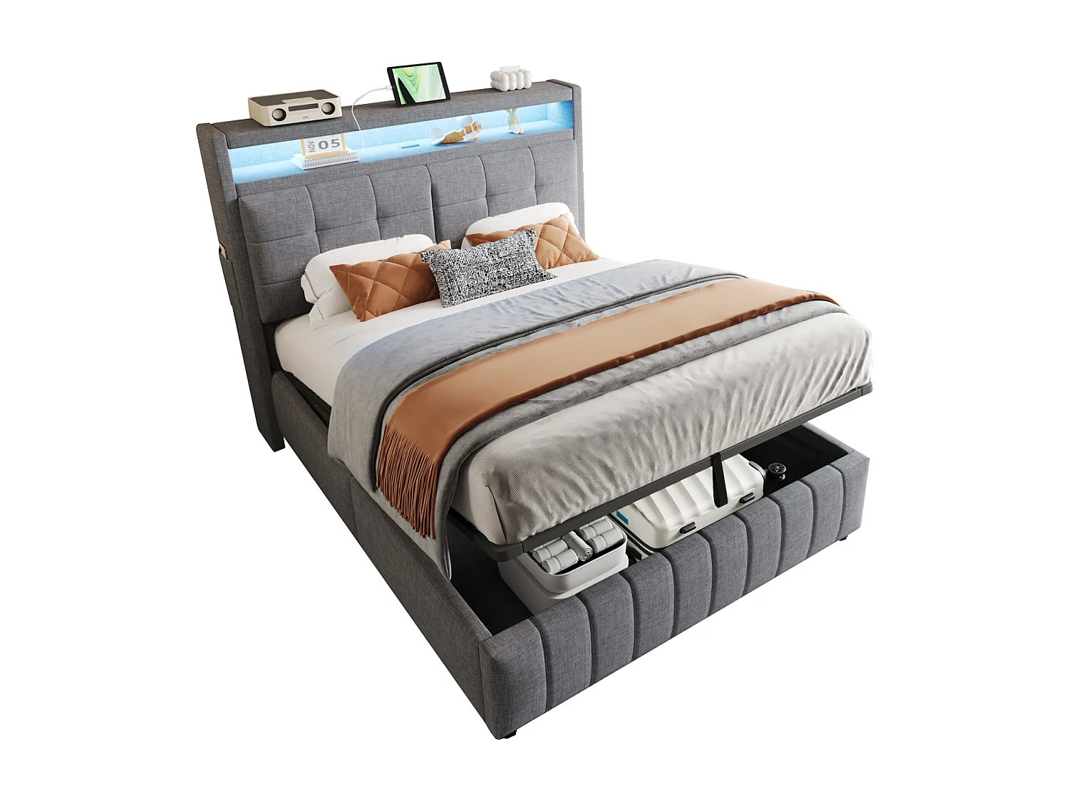 Letto contenitore imbottito per biancheria - 140x200 cm - con LED + presa USB + rete a doghe - Grigio