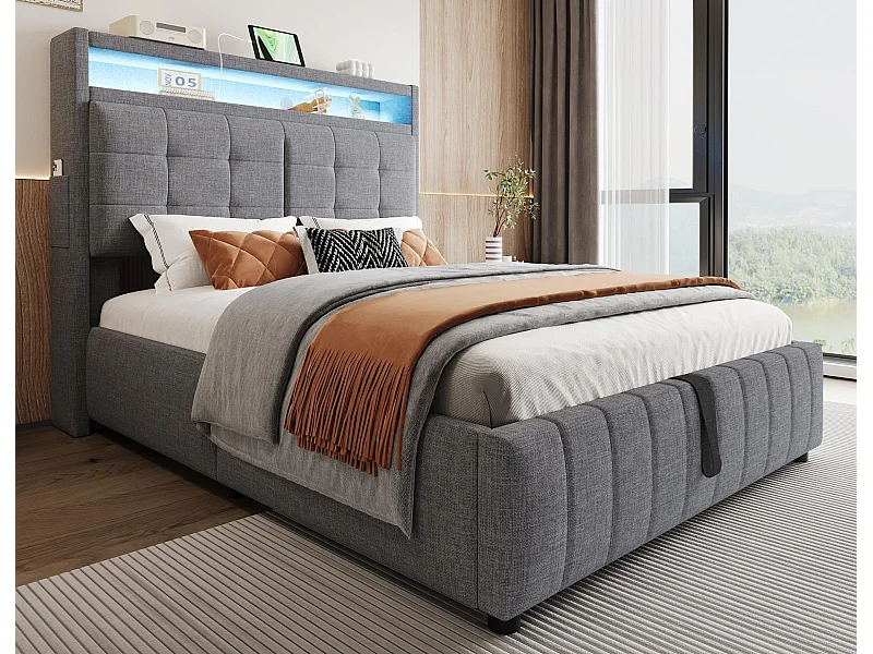 Lit coffre de rangement rembourré en lin - 140x200 cm - avec LED + prise USB + sommier à lattes - Gris