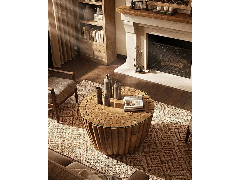 Woodle - Table Basse en Bois Massif avec Plateau en Verre