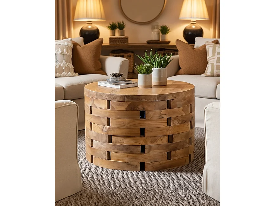 Brickle - Table basse ronde en bois de teck massif