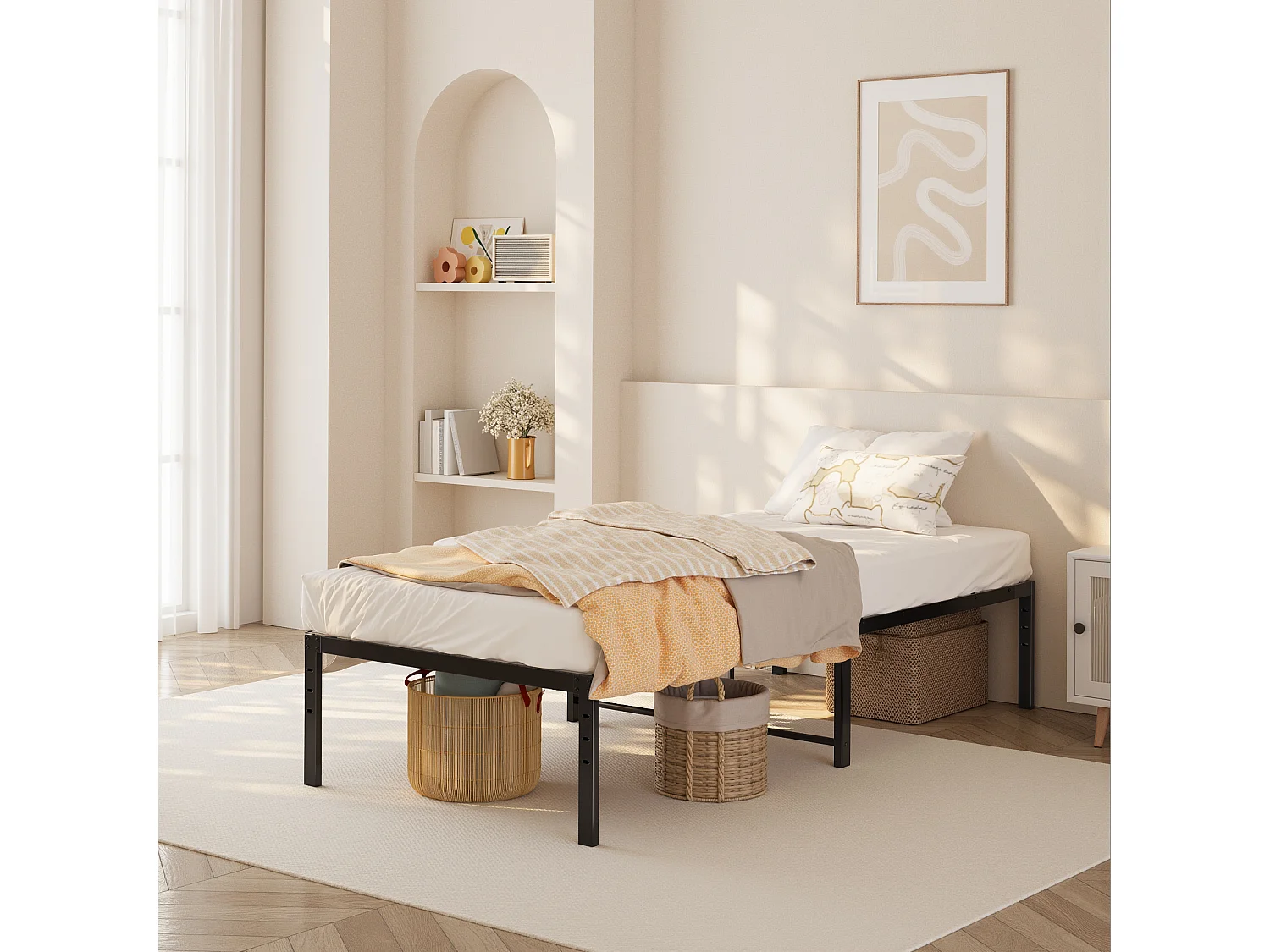 Bealife Structure de Lit 90 x 200 cm Cadre de Lit Lattes en Metal Lit Simple 33 cm de Rangement Noir