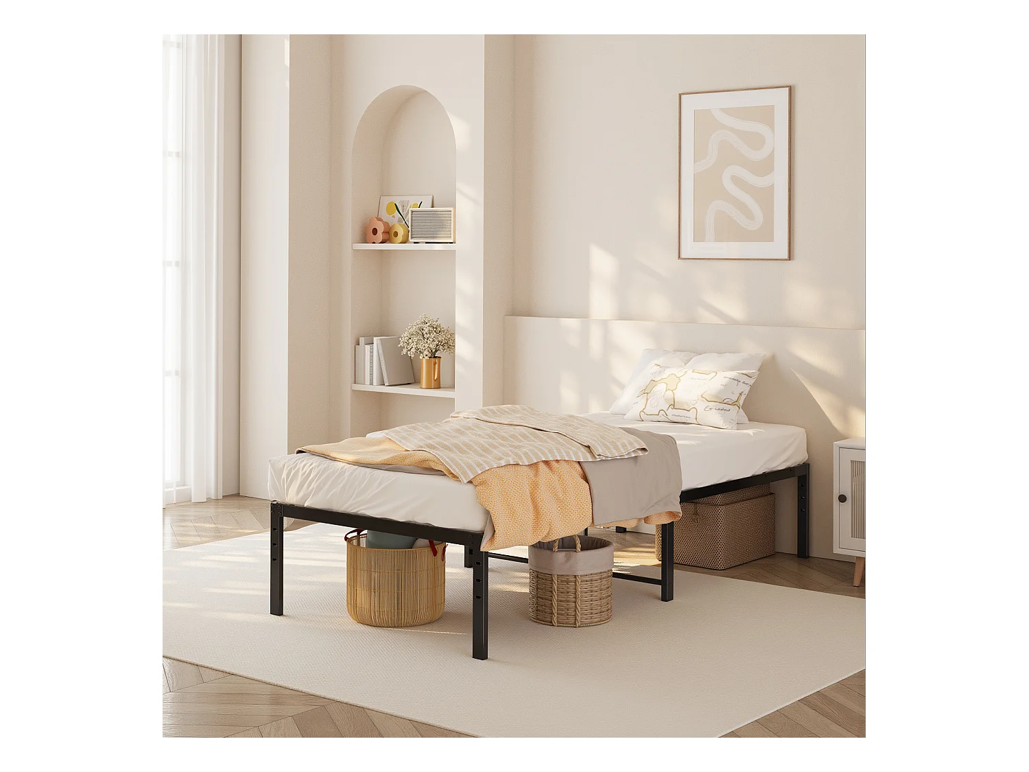 Bealife bedframe, 90 x 200 cm, metalen lattenbodem, enkelbed, 33 cm opbergruimte, zwart