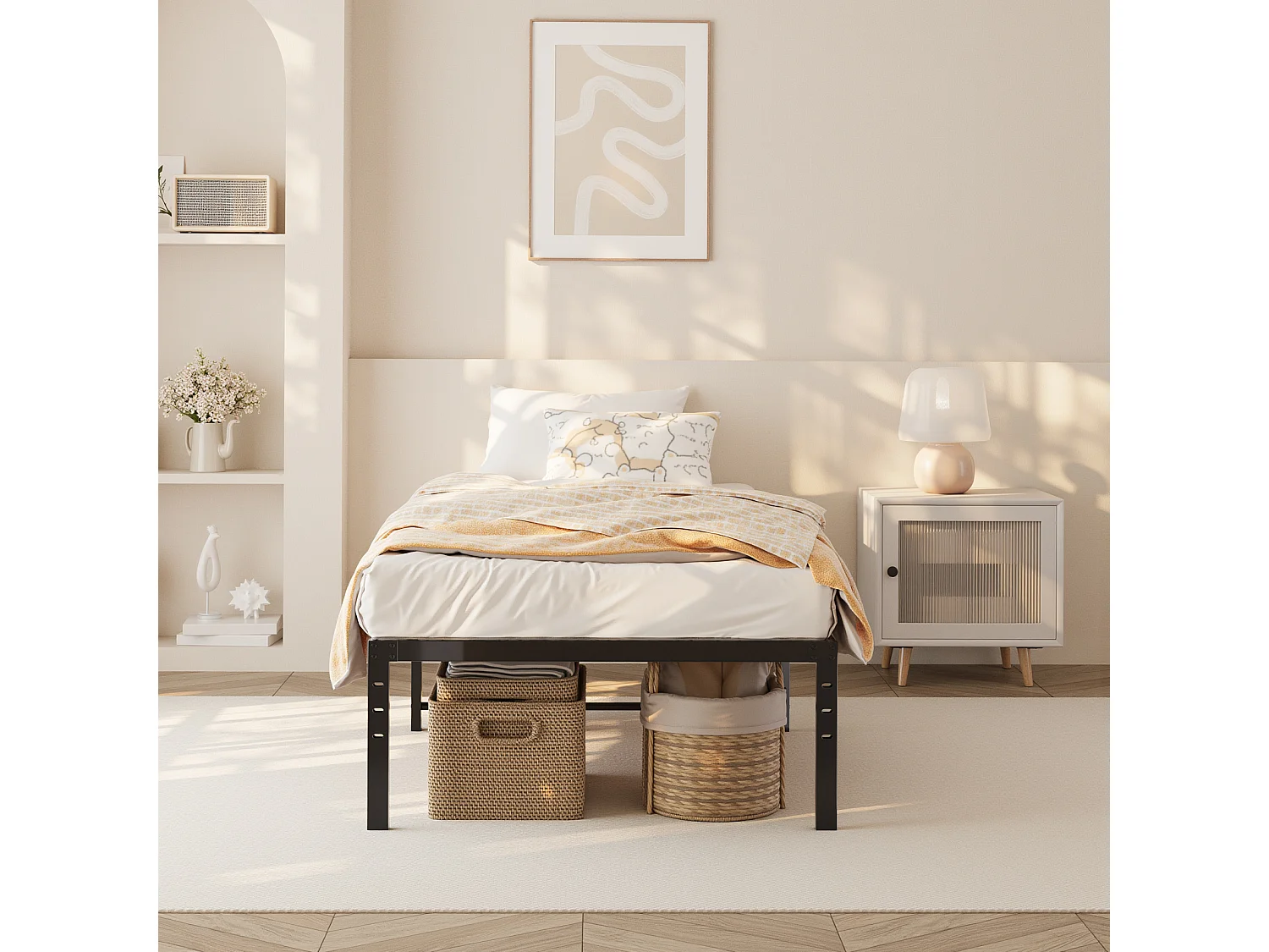 Bealife Structure de Lit 90 x 200 cm Cadre de Lit Lattes en Metal Lit Simple 33 cm de Rangement Noir