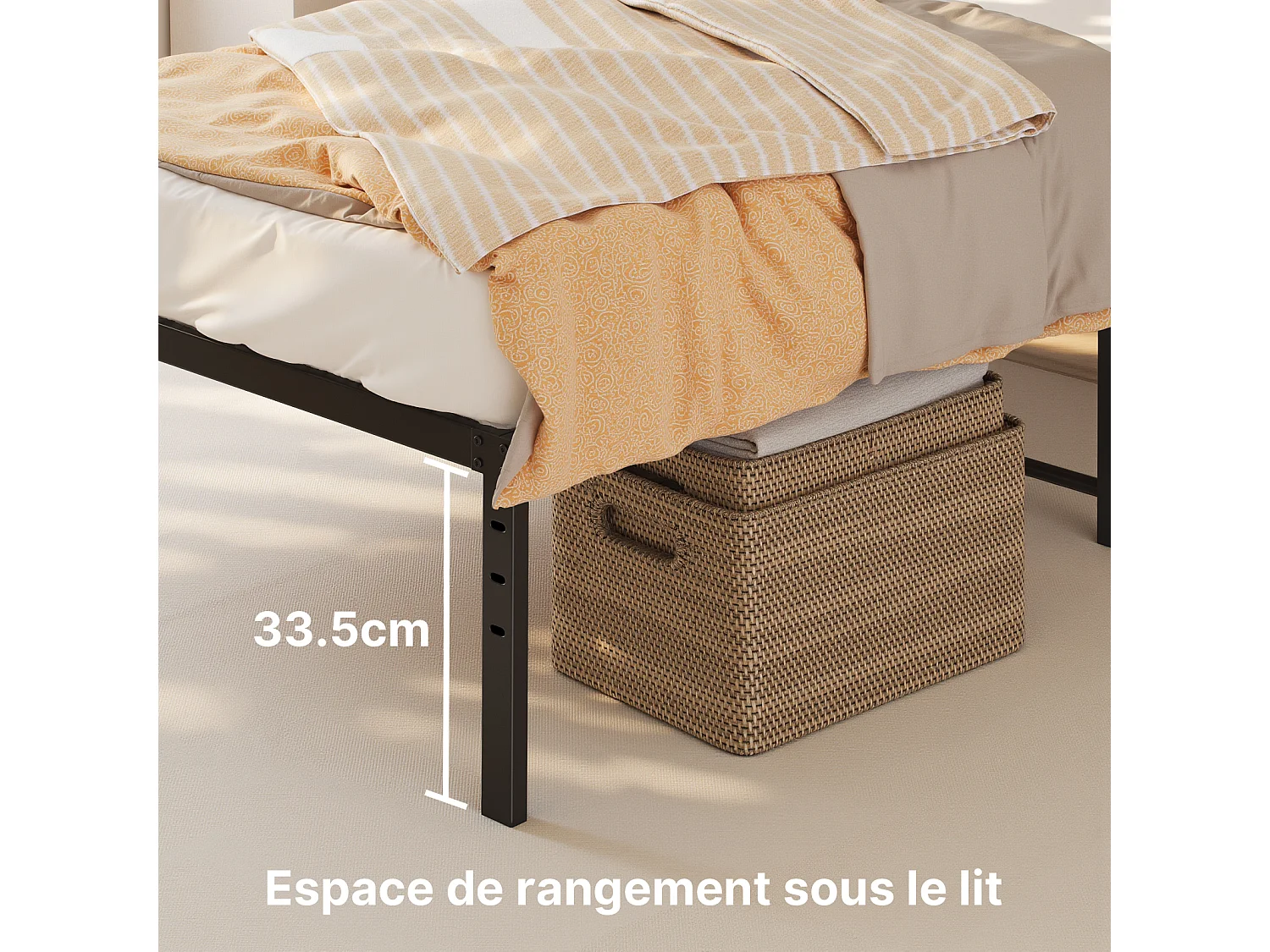Bealife Structure de Lit 90 x 200 cm Cadre de Lit Lattes en Metal Lit Simple 33 cm de Rangement Noir