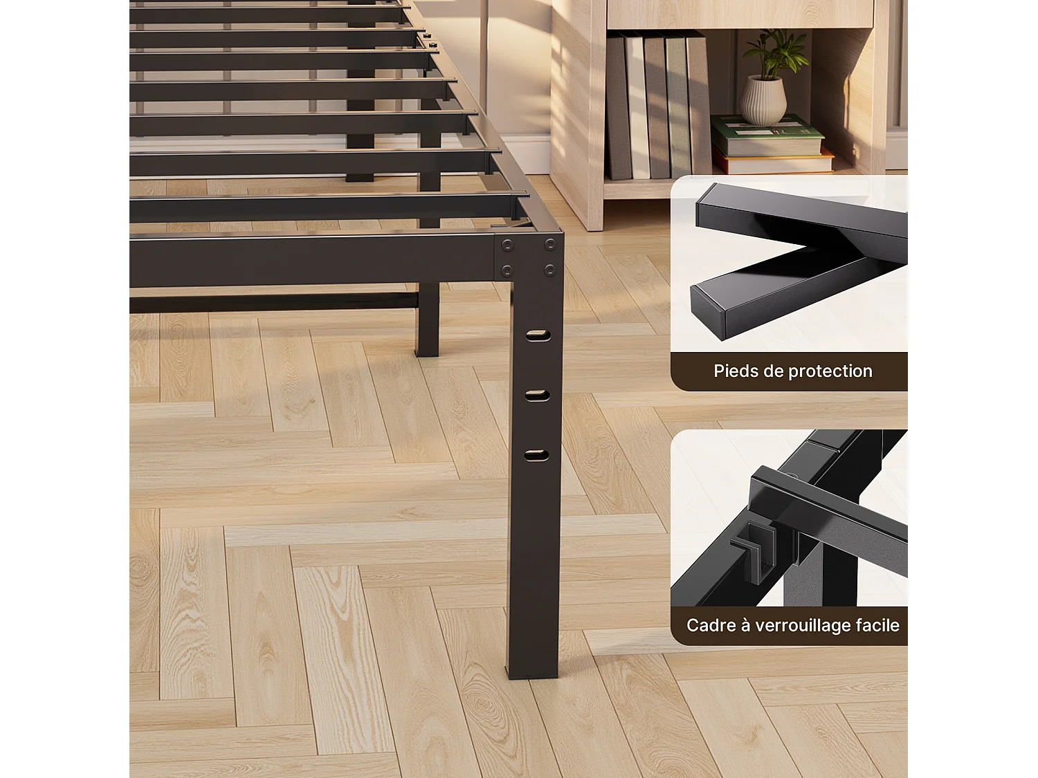 Bealife Structure de Lit 90 x 200 cm Cadre de Lit Lattes en Metal Lit Simple 33 cm de Rangement Noir