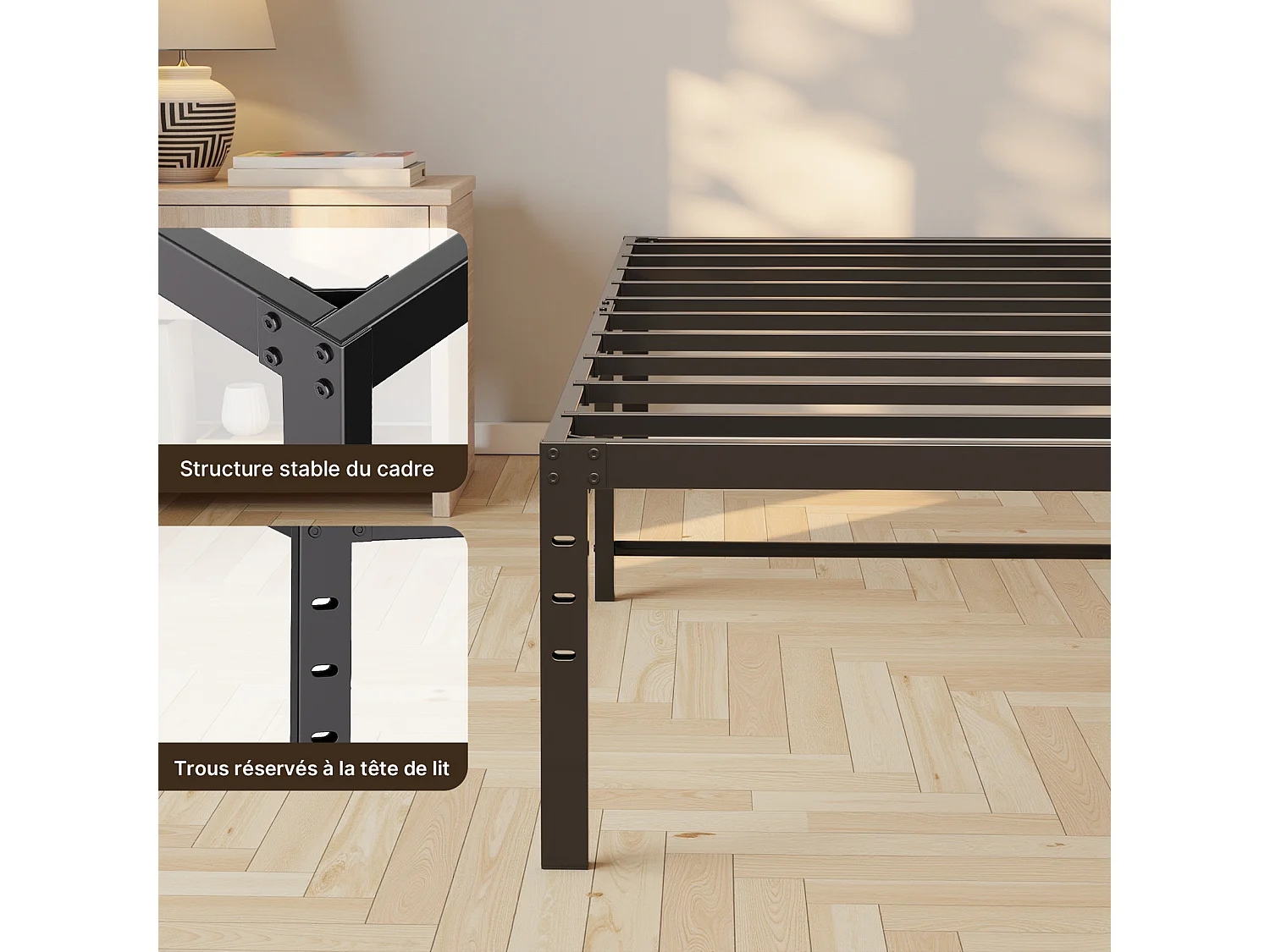 Bealife Structure de Lit 90 x 200 cm Cadre de Lit Lattes en Metal Lit Simple 33 cm de Rangement Noir