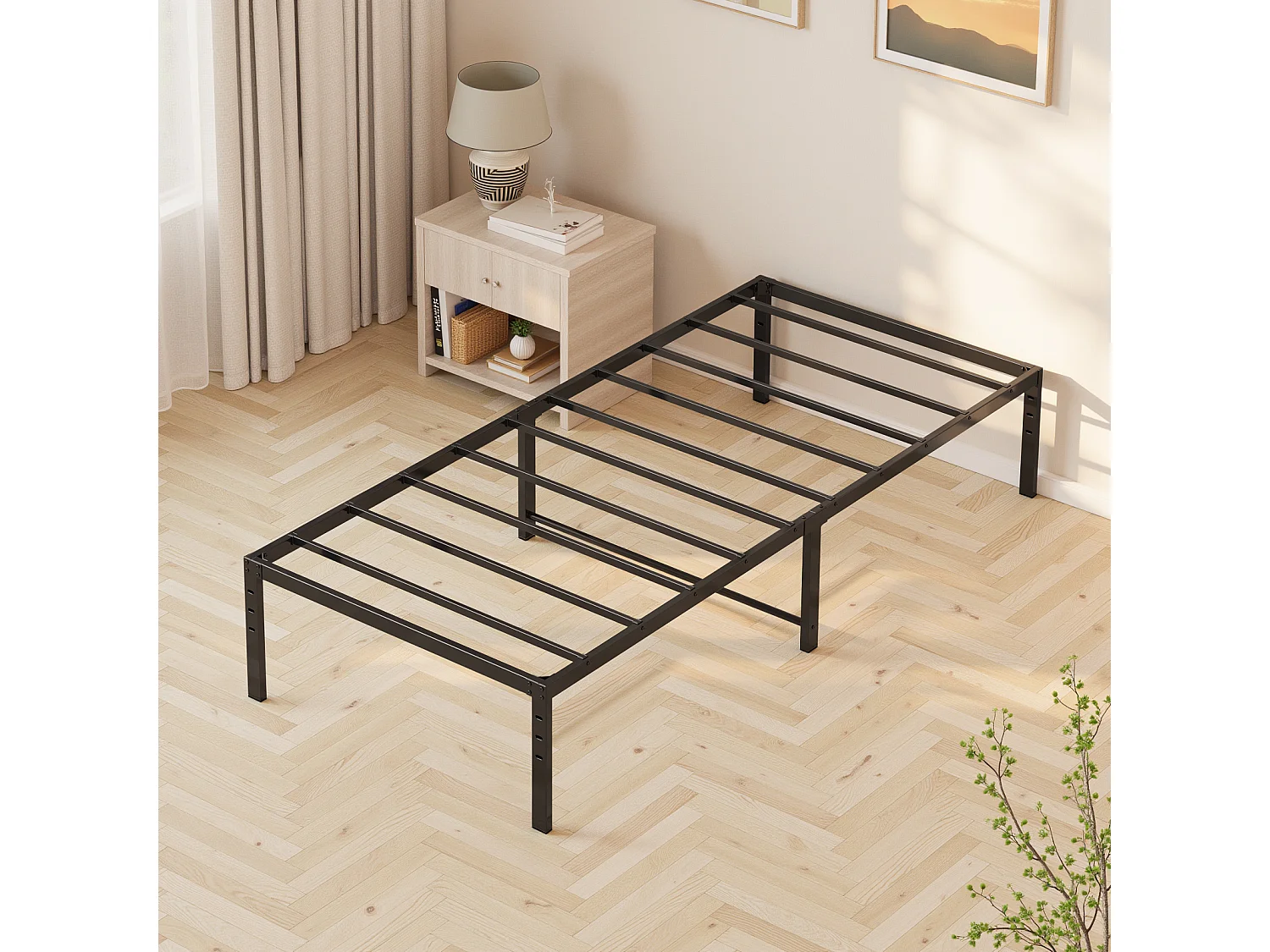 Bealife Structure de Lit 90 x 200 cm Cadre de Lit Lattes en Metal Lit Simple 33 cm de Rangement Noir