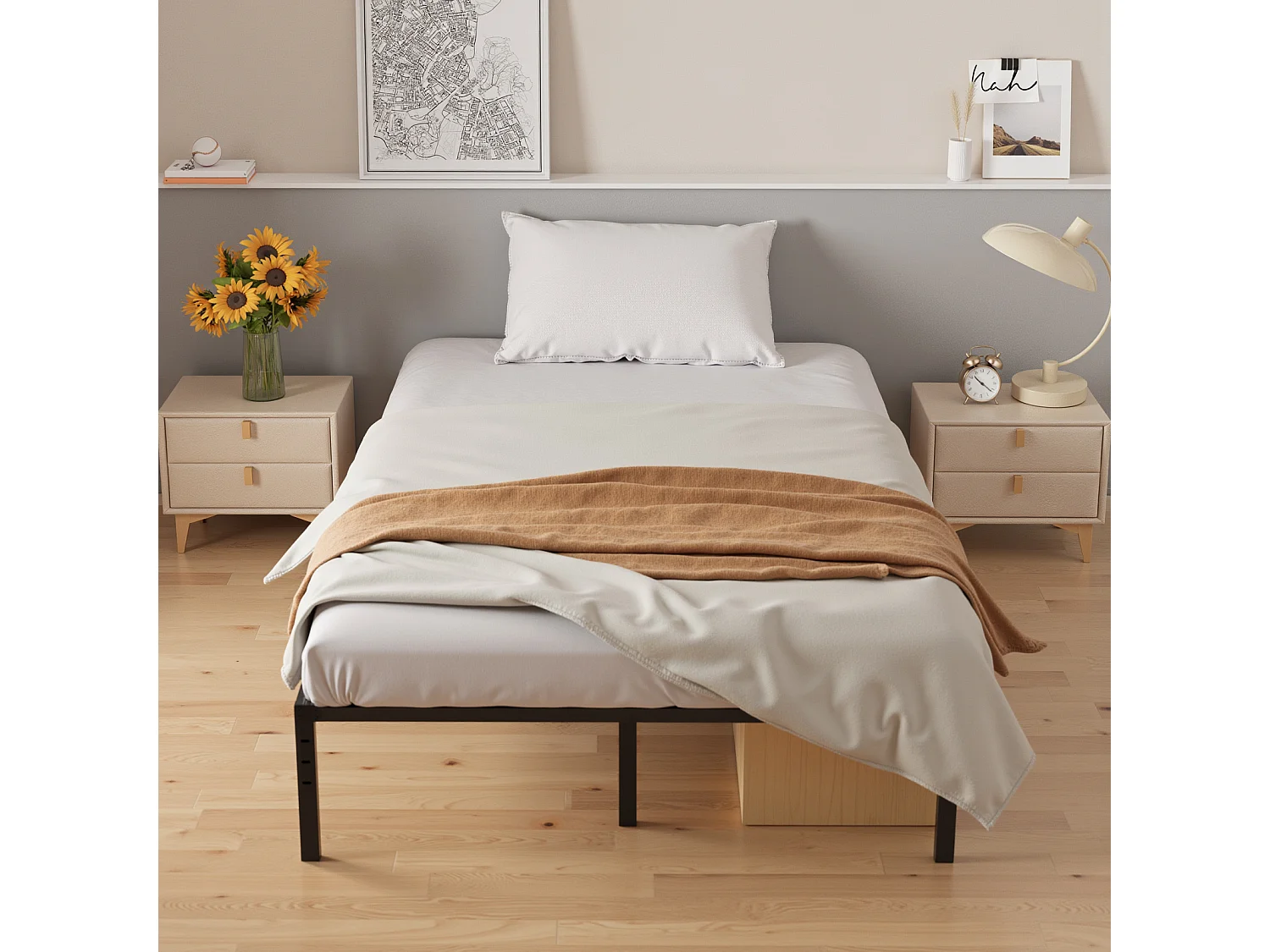 Bealife Structure de Lit 140 x 200 cm Cadre de Lit Lattes en Metal Lit Simple 33 cm de Rangement Noir