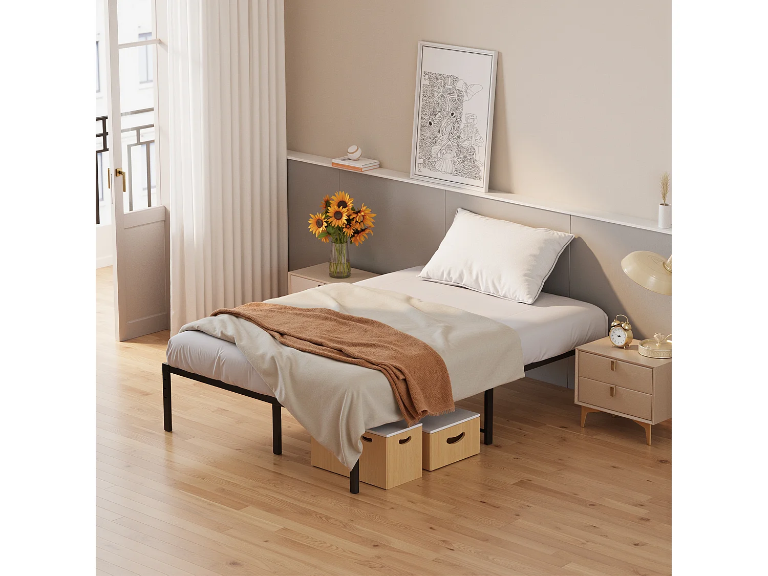 Bealife Structure de Lit 140 x 200 cm Cadre de Lit Lattes en Metal Lit Simple 33 cm de Rangement Noir