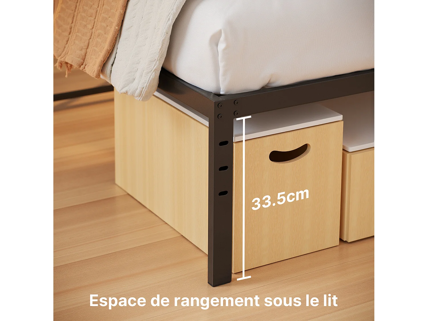 Bealife Structure de Lit 140 x 200 cm Cadre de Lit Lattes en Metal Lit Simple 33 cm de Rangement Noir