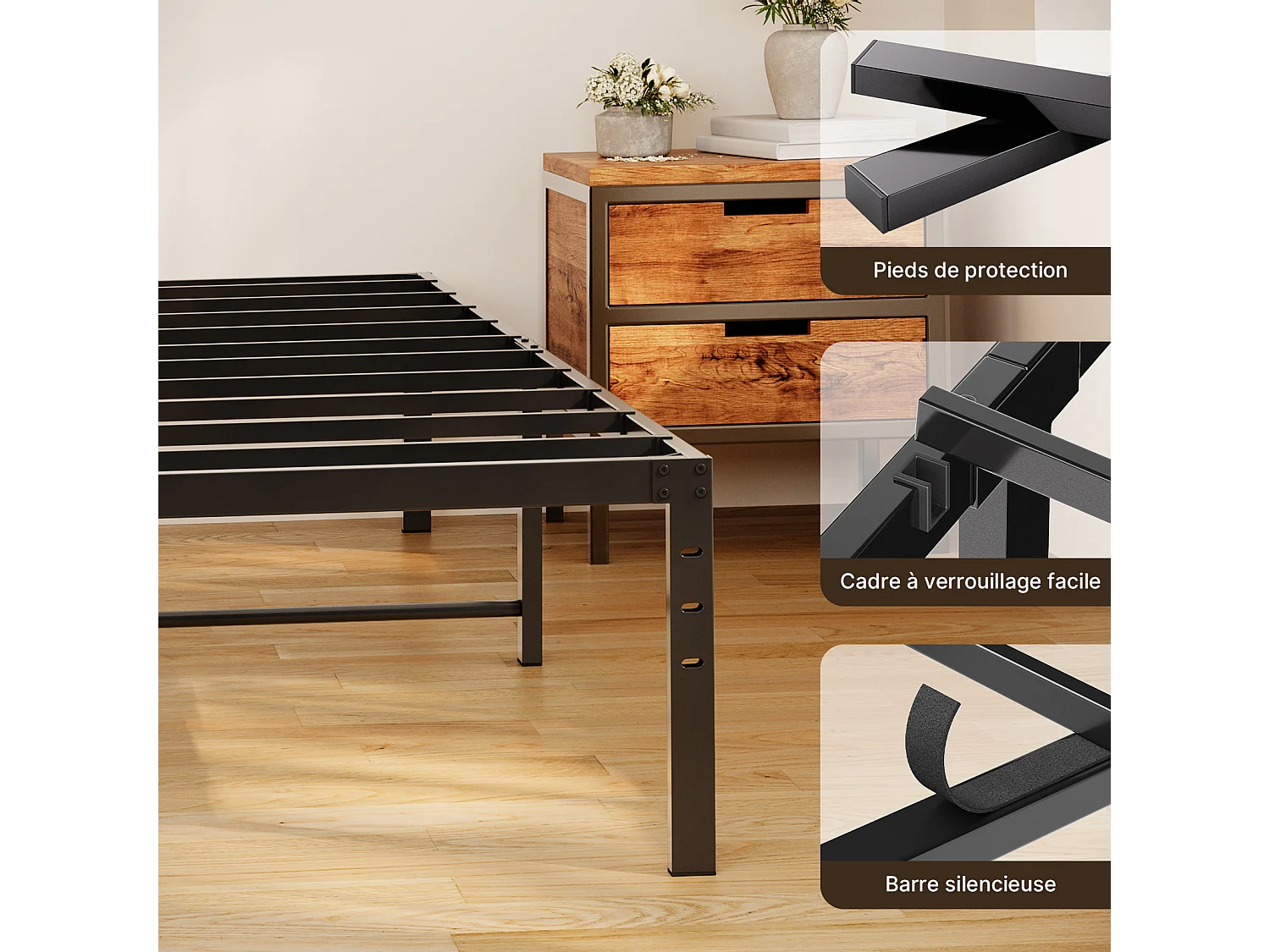 Bealife Structure de Lit 140 x 200 cm Cadre de Lit Lattes en Metal Lit Simple 33 cm de Rangement Noir