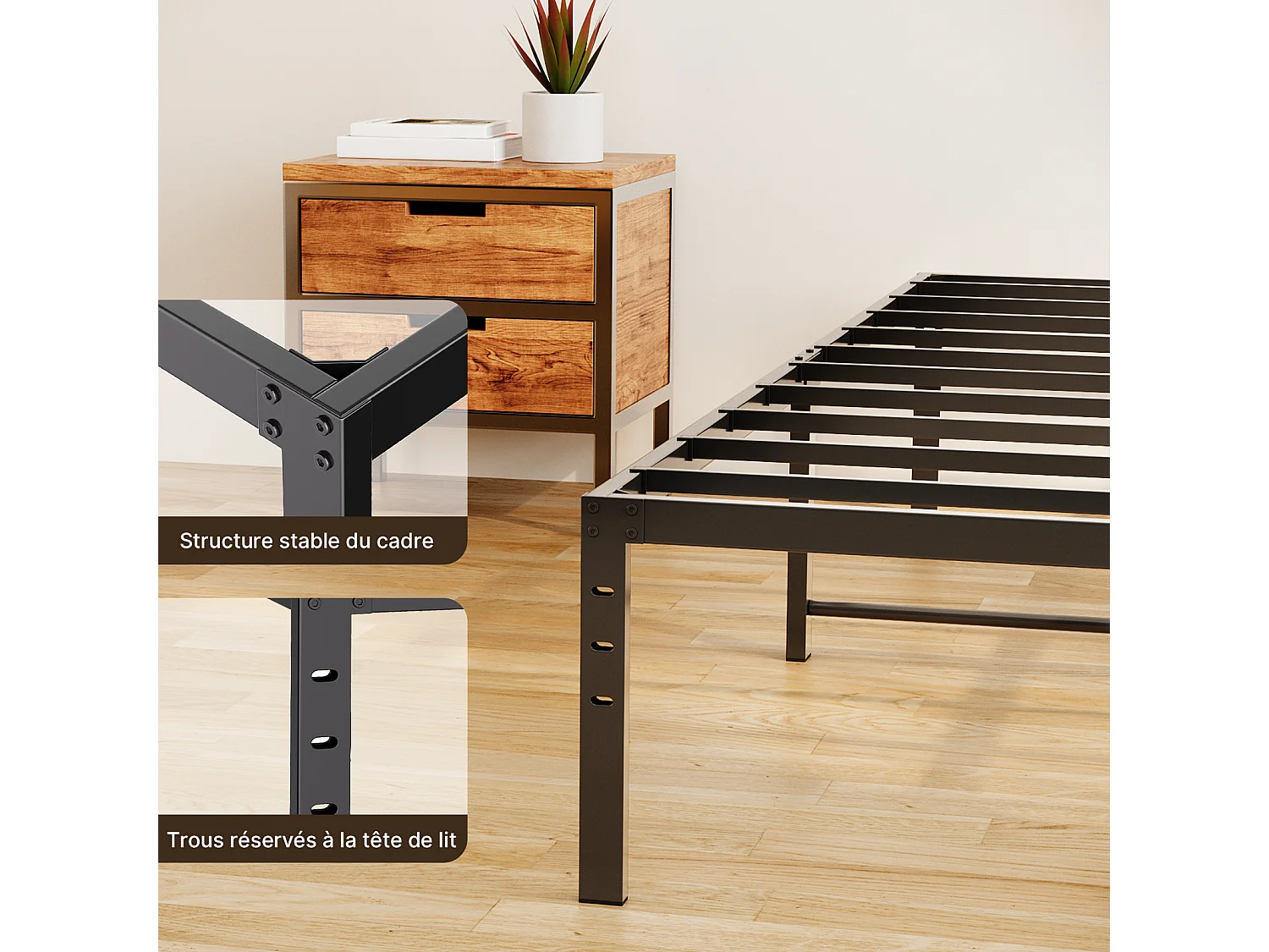 Bealife Structure de Lit 140 x 200 cm Cadre de Lit Lattes en Metal Lit Simple 33 cm de Rangement Noir