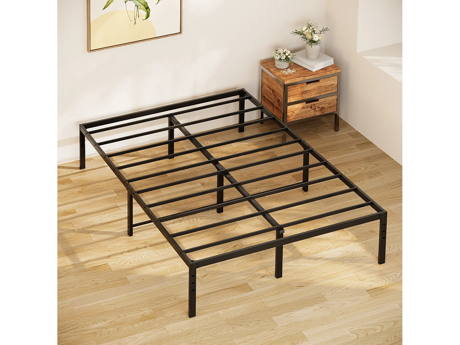 Bealife Structure de Lit 140 x 200 cm Cadre de Lit Lattes en Metal Lit Simple 33 cm de Rangement Noir
