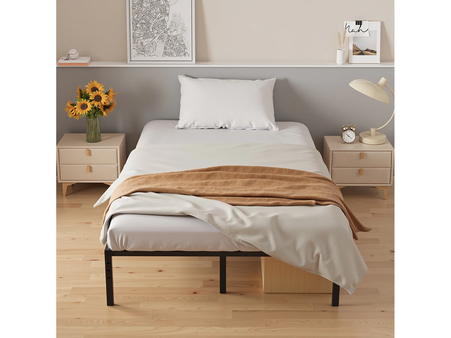 Bealife Structure de Lit 140 x 200 cm Cadre de Lit Lattes en Metal Lit Simple 33 cm de Rangement Noir