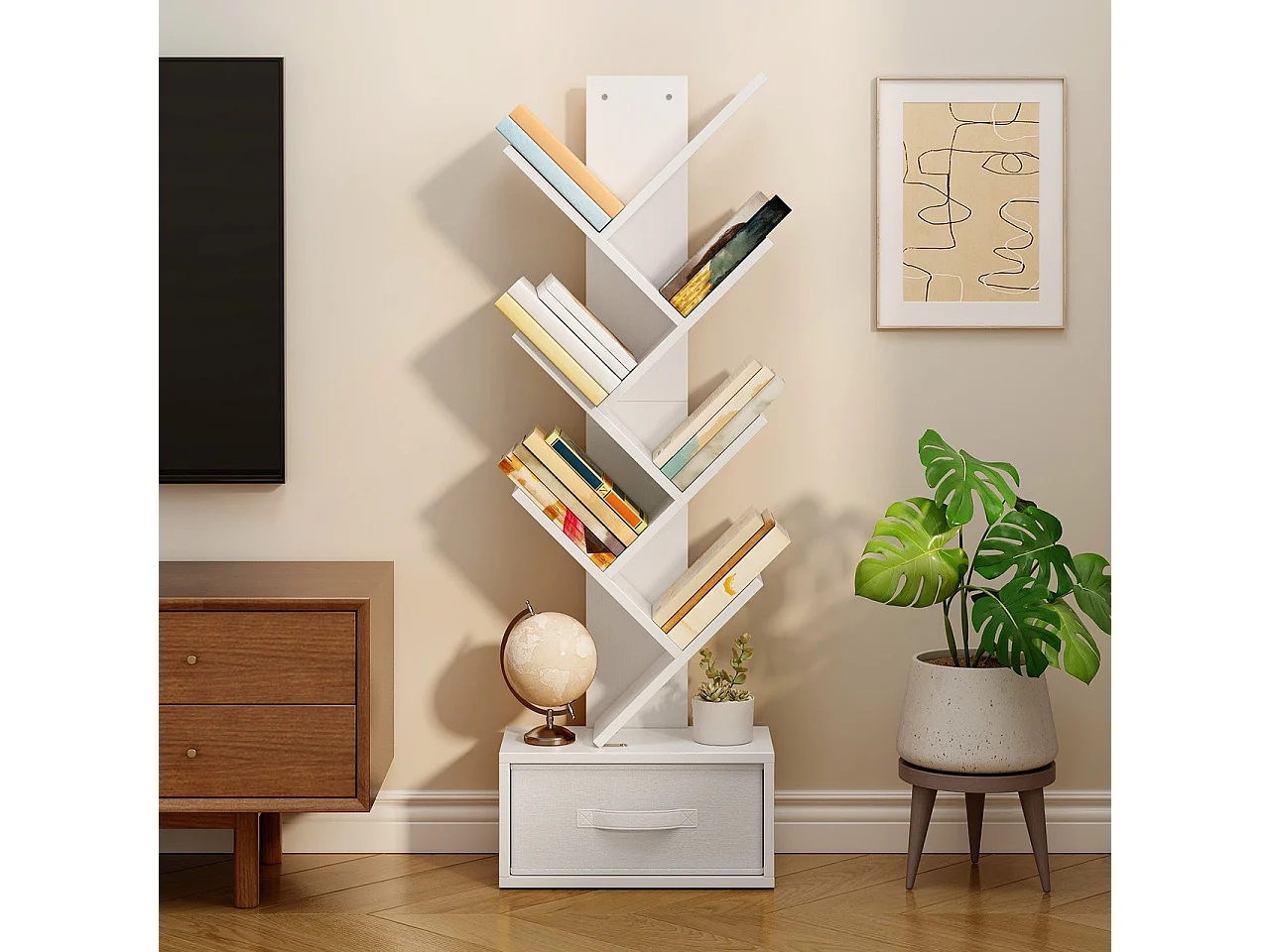 Bealife Bibliothèque 7 Niveaux Étagère de Rangement 1 Tiroir Tissu Arbre Livre CD Magazine Salon Chambre Blanc