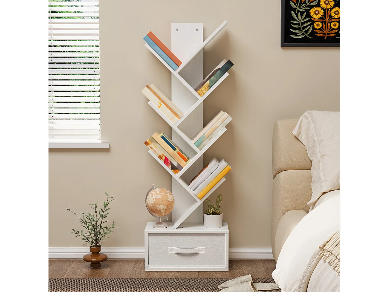 Bealife Bibliothèque 7 Niveaux Étagère de Rangement 1 Tiroir Tissu Arbre Livre CD Magazine Salon Chambre Blanc