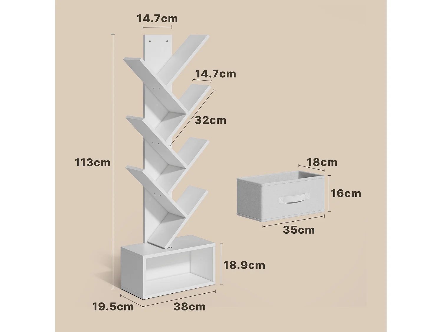 Bealife Bibliothèque 7 Niveaux Étagère de Rangement 1 Tiroir Tissu Arbre Livre CD Magazine Salon Chambre Blanc