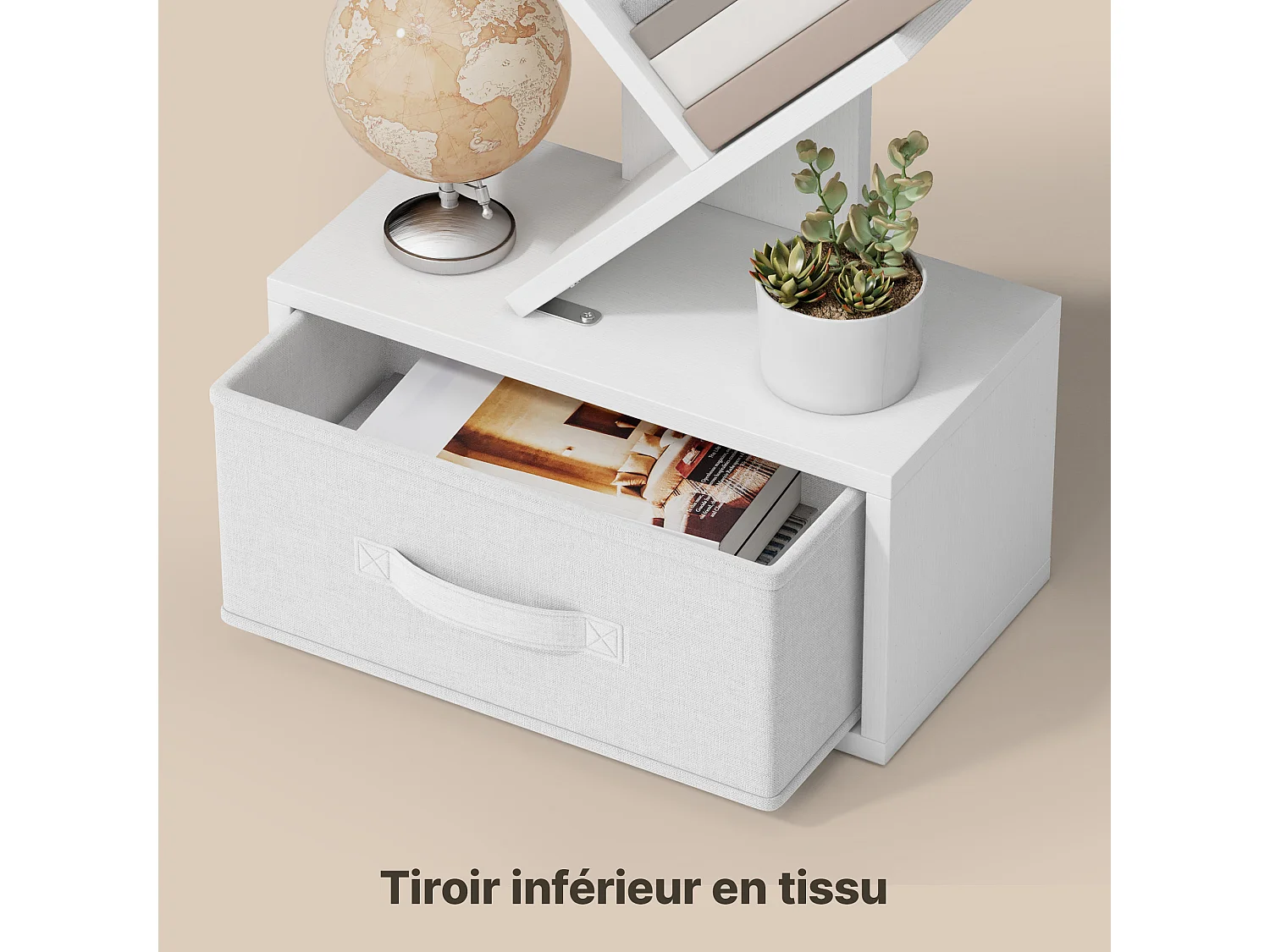 Bealife Bibliothèque 7 Niveaux Étagère de Rangement 1 Tiroir Tissu Arbre Livre CD Magazine Salon Chambre Blanc