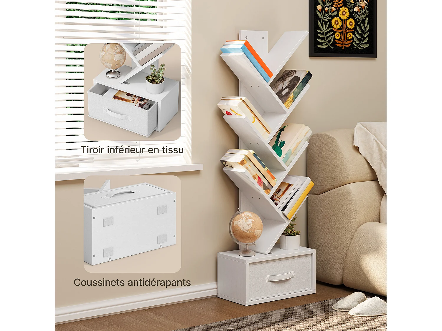 Bealife Bibliothèque 7 Niveaux Étagère de Rangement 1 Tiroir Tissu Arbre Livre CD Magazine Salon Chambre Blanc