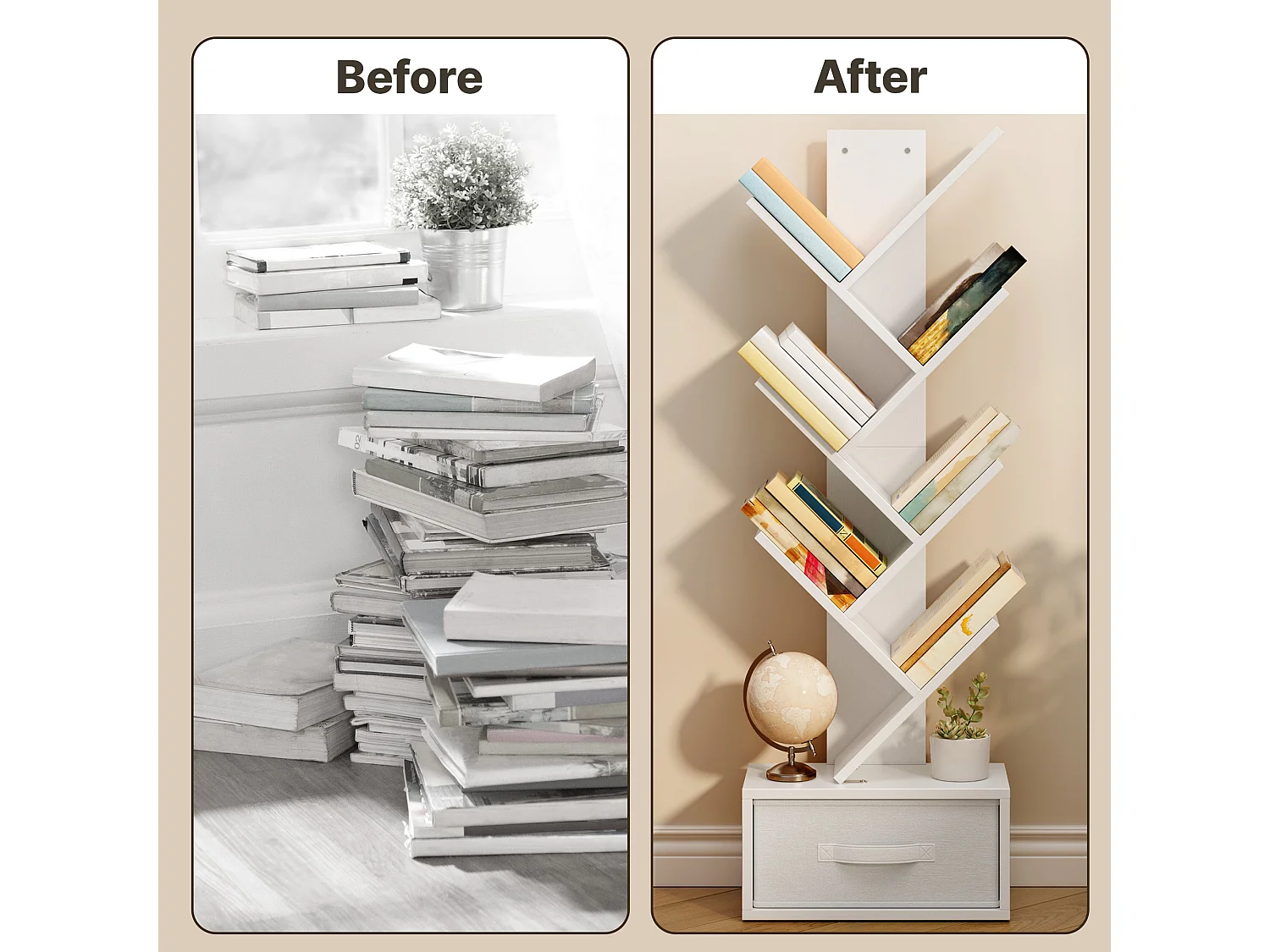 Bealife Bibliothèque 7 Niveaux Étagère de Rangement 1 Tiroir Tissu Arbre Livre CD Magazine Salon Chambre Blanc