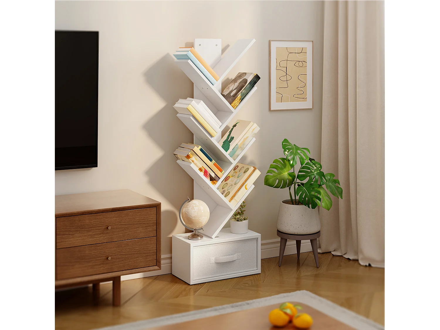 Bealife Bibliothèque 7 Niveaux Étagère de Rangement 1 Tiroir Tissu Arbre Livre CD Magazine Salon Chambre Blanc