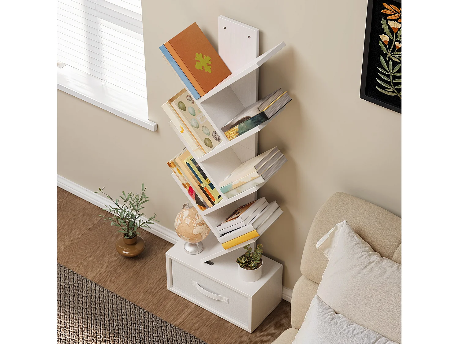 Bealife Bibliothèque 7 Niveaux Étagère de Rangement 1 Tiroir Tissu Arbre Livre CD Magazine Salon Chambre Blanc