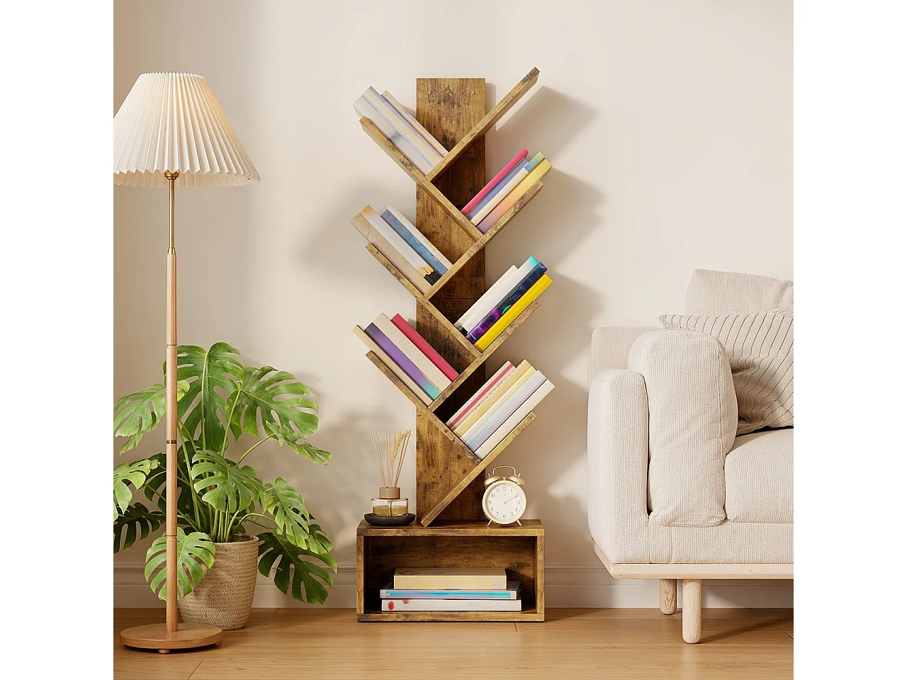 Bealife Bibliothèque 7 Niveaux Étagère de Rangement 1 Casier Arbre Livre CD Magazine Salon Chambre Enfant Marron
