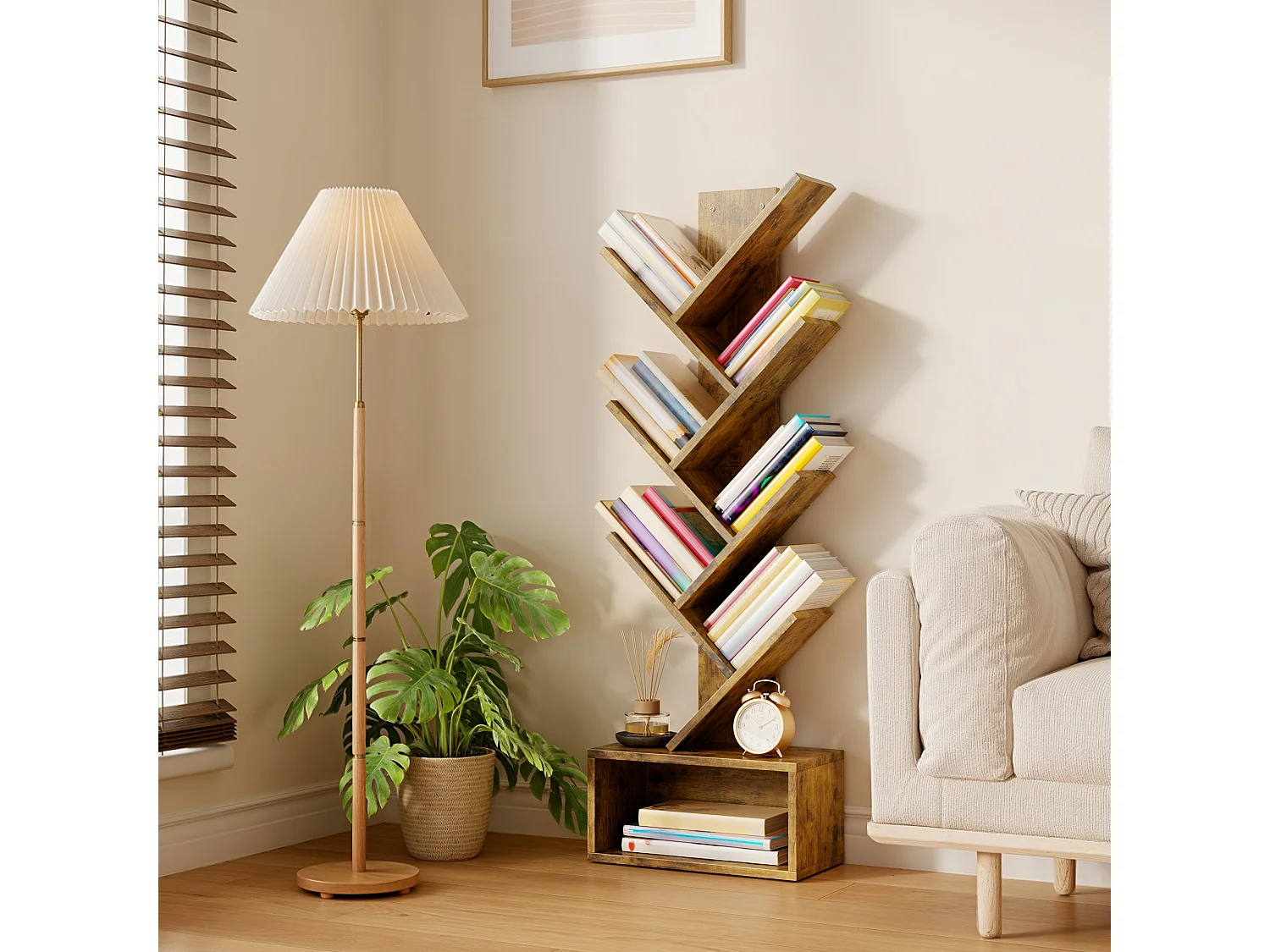 Bealife Bibliothèque 7 Niveaux Étagère de Rangement 1 Casier Arbre Livre CD Magazine Salon Chambre Enfant Marron