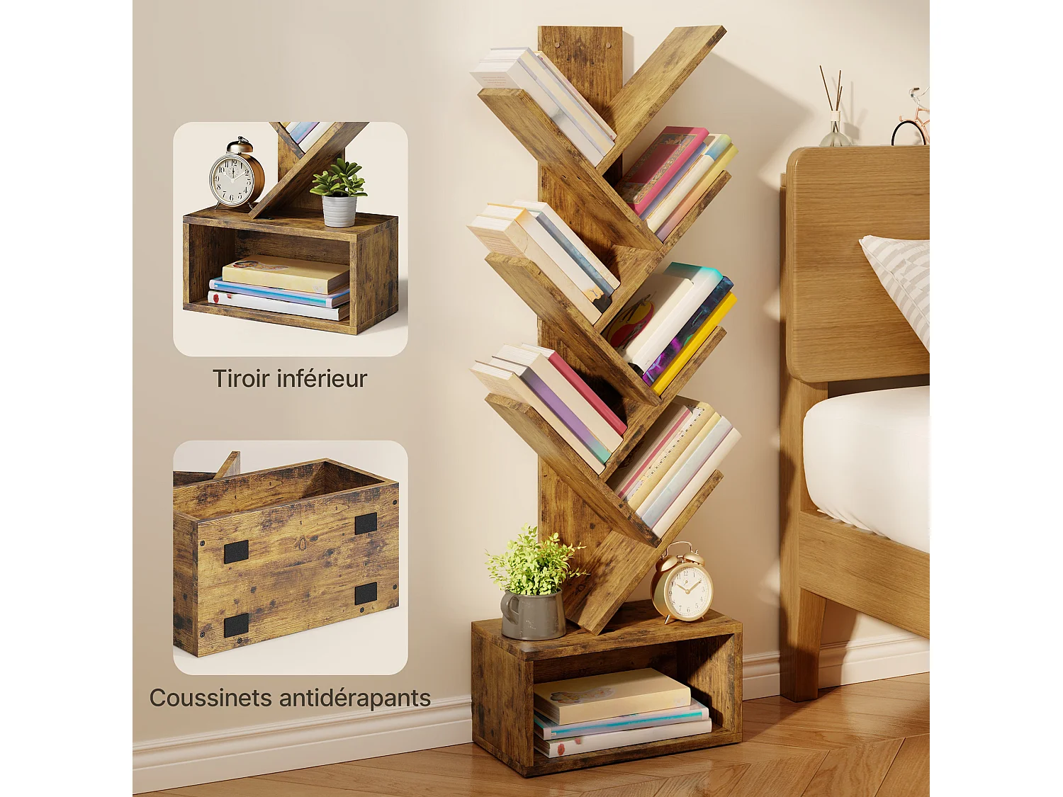 Bealife Bibliothèque 7 Niveaux Étagère de Rangement 1 Casier Arbre Livre CD Magazine Salon Chambre Enfant Marron