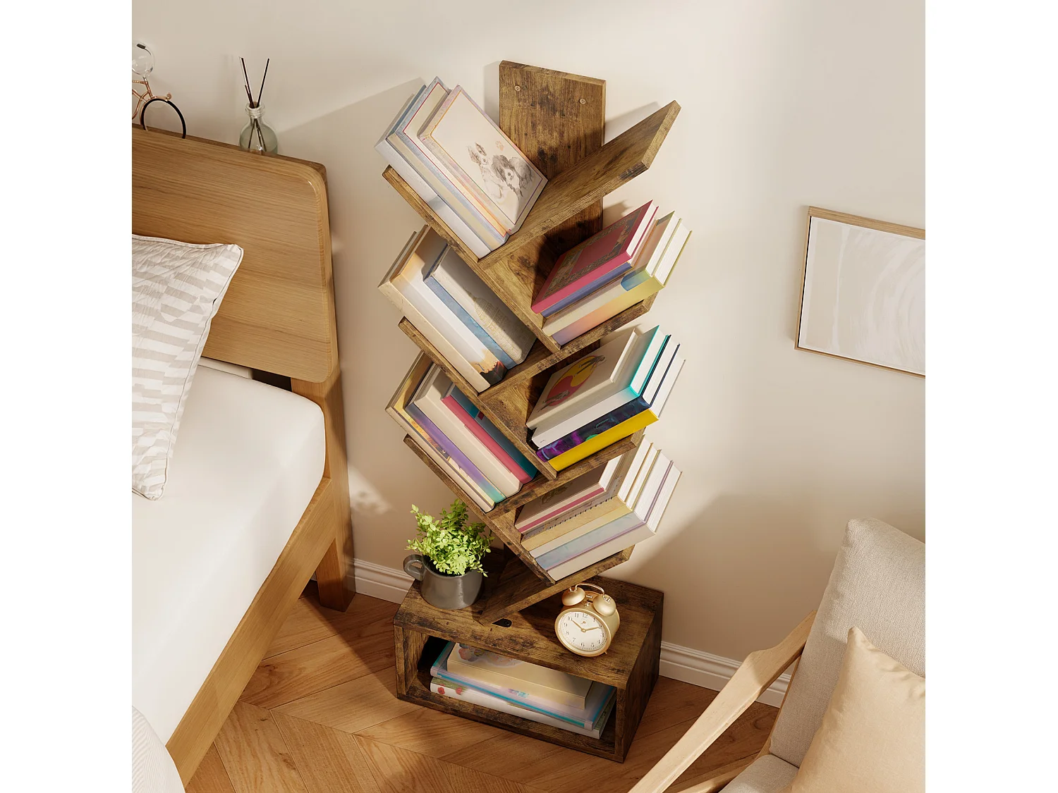 Bealife Bibliothèque 7 Niveaux Étagère de Rangement 1 Casier Arbre Livre CD Magazine Salon Chambre Enfant Marron