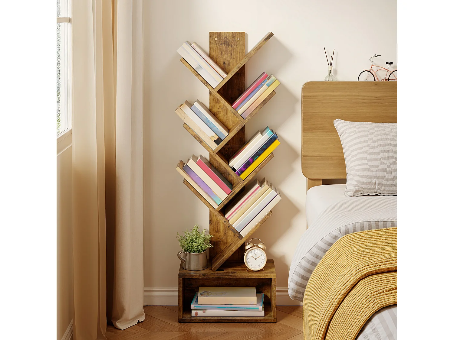 Bealife Bibliothèque 7 Niveaux Étagère de Rangement 1 Casier Arbre Livre CD Magazine Salon Chambre Enfant Marron