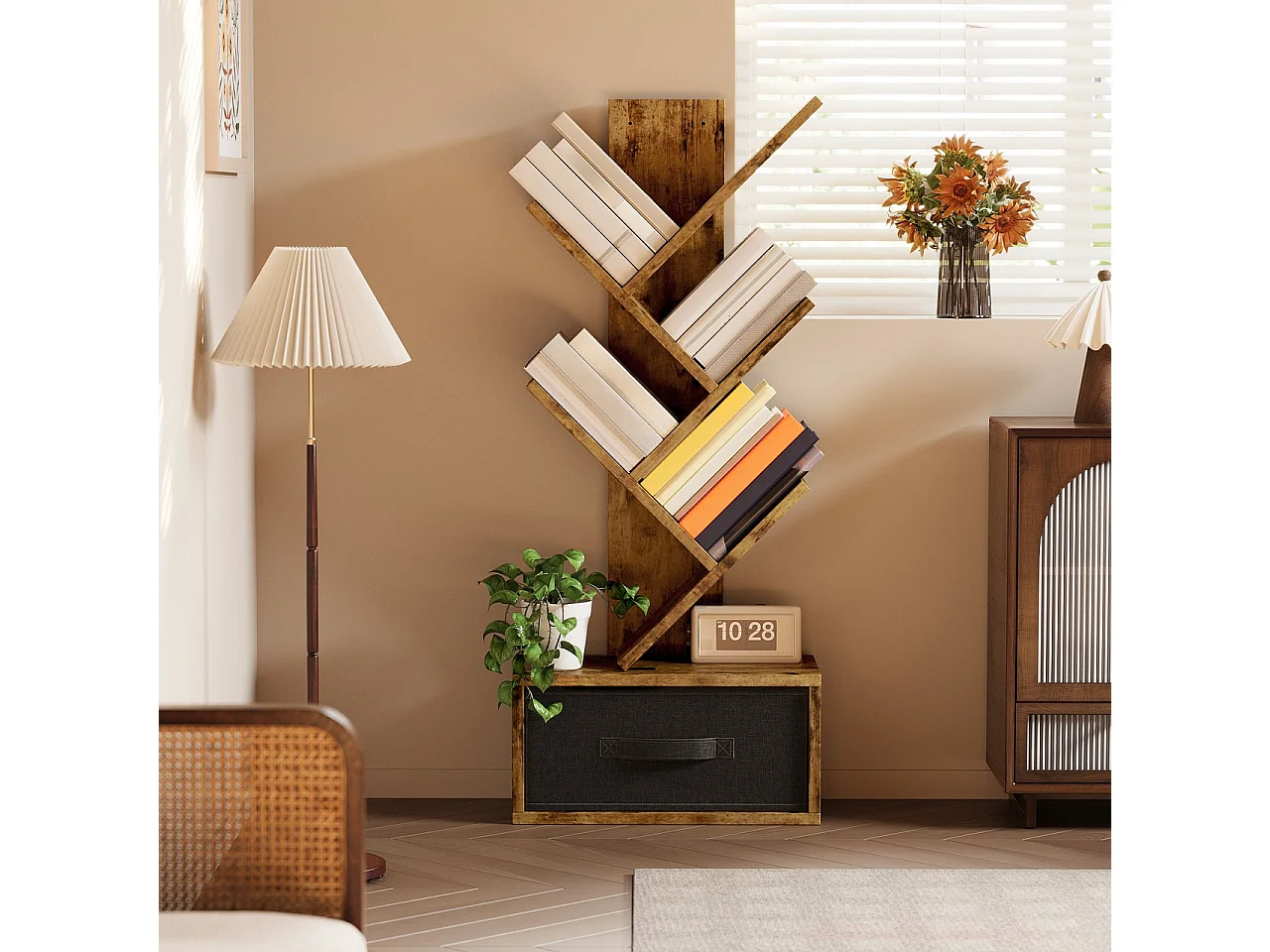 Bealife 5 - niveaus boekenkast, opberghoek, 1 linnen la, voor boeken, CD's, tijdschriften, voor salon, slaapkamer, bruin