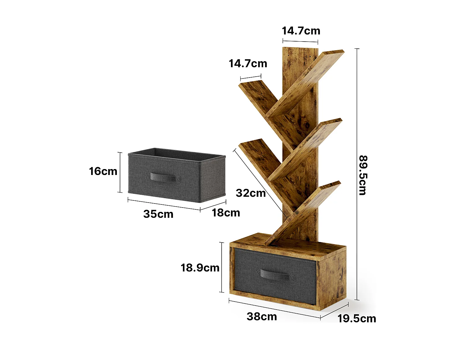 Bealife 5 - niveaus boekenkast, opberghoek, 1 linnen la, voor boeken, CD's, tijdschriften, voor salon, slaapkamer, bruin