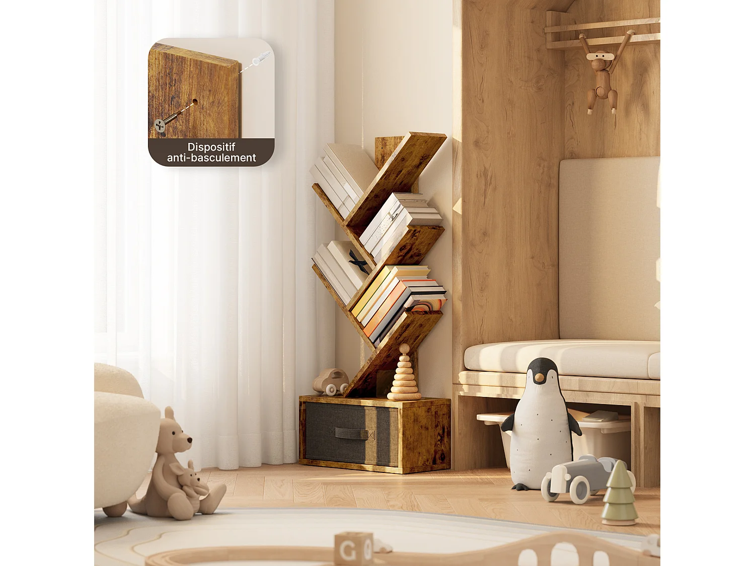 Bealife 5 - niveaus boekenkast, opberghoek, 1 linnen la, voor boeken, CD's, tijdschriften, voor salon, slaapkamer, bruin