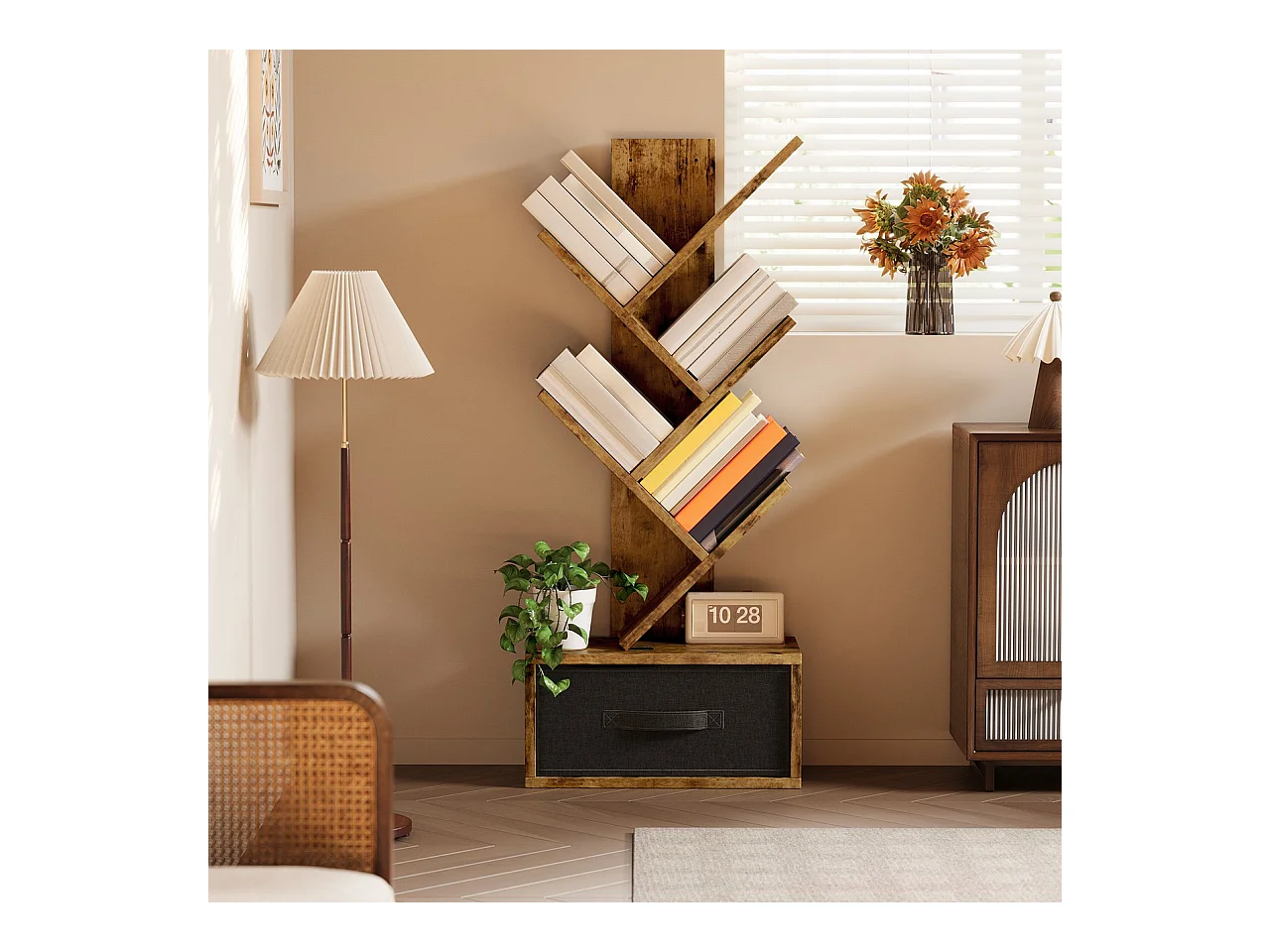 Bealife 5 - niveaus boekenkast, opberghoek, 1 linnen la, voor boeken, CD's, tijdschriften, voor salon, slaapkamer, bruin