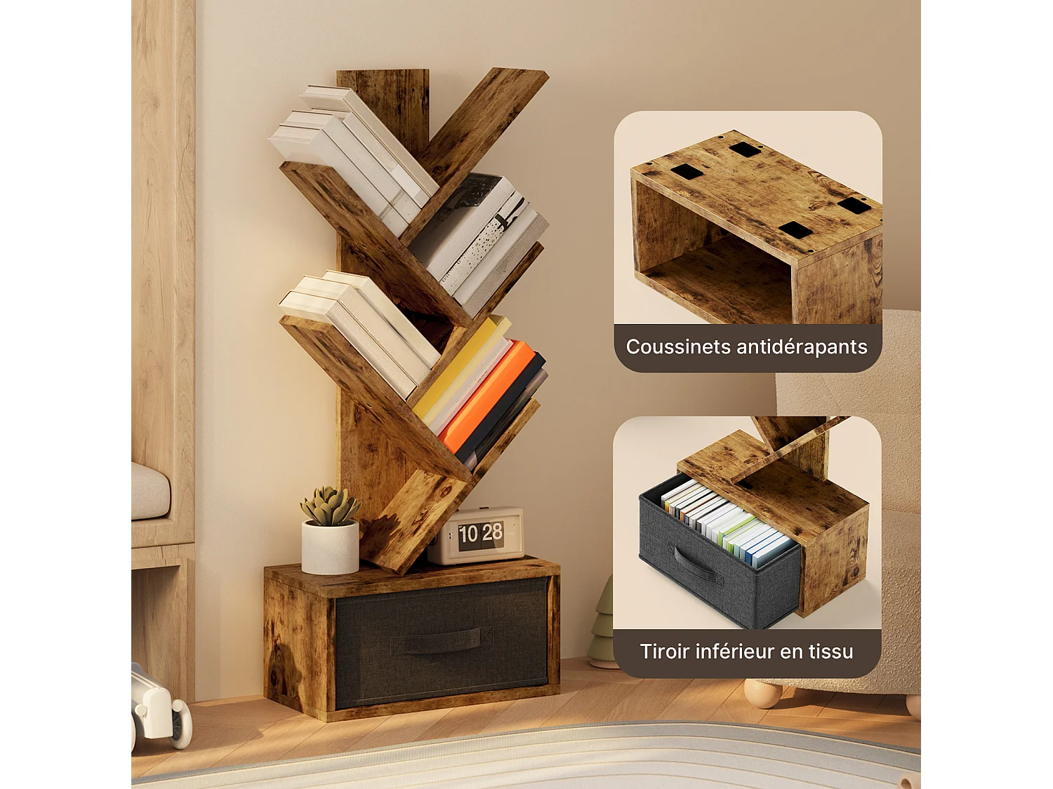 Bealife Bibliothèque 5 Niveaux Étagère de Rangement 1 Tiroir Tissu Arbre Livre CD Magazine Salon Chambre Marron