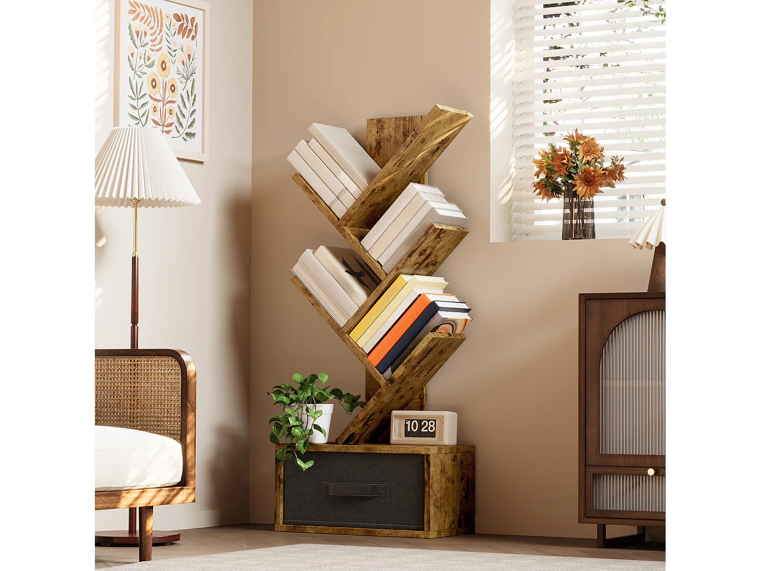 Bealife Bibliothèque 5 Niveaux Étagère de Rangement 1 Tiroir Tissu Arbre Livre CD Magazine Salon Chambre Marron