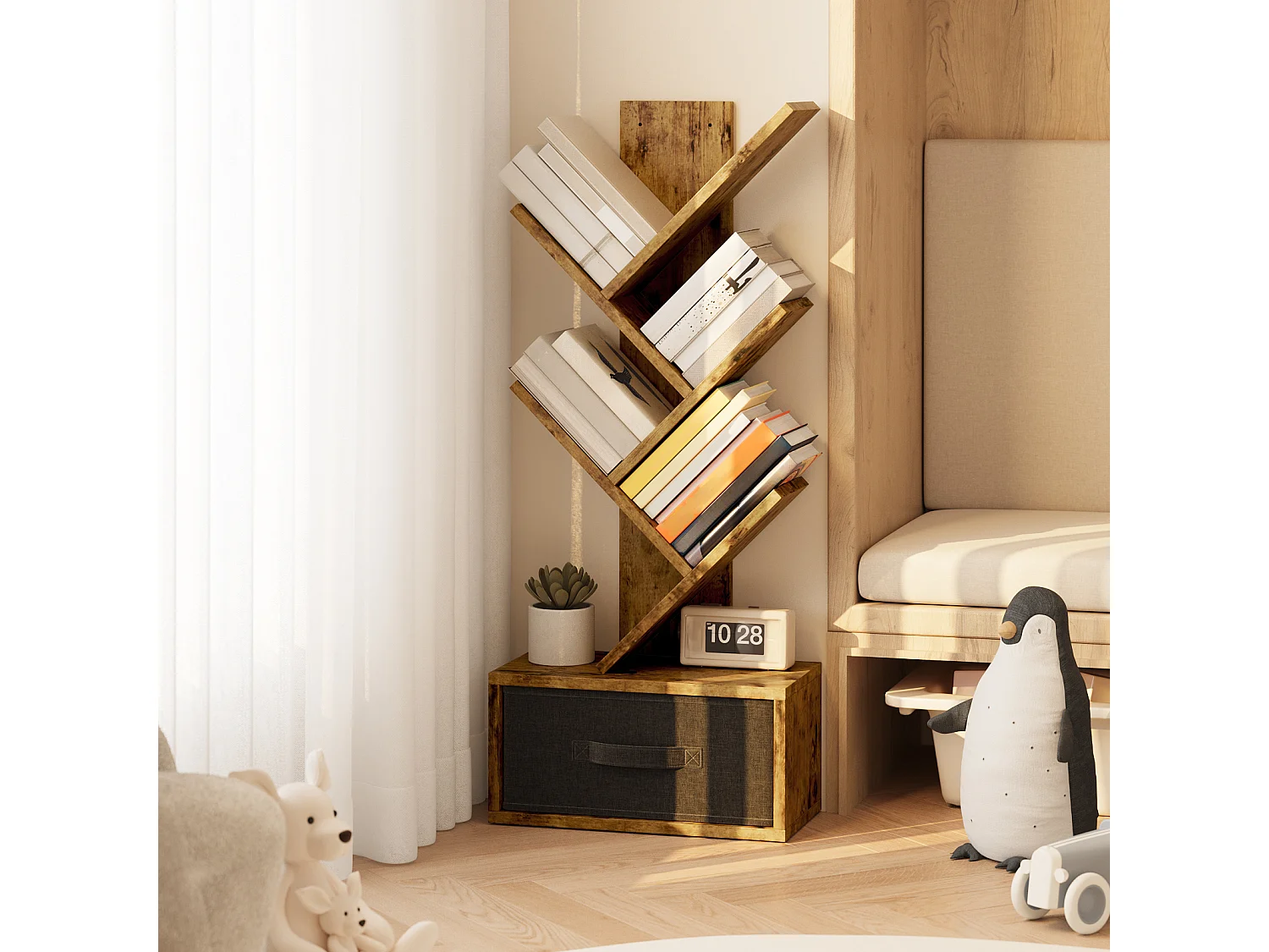 Bealife Bibliothèque 5 Niveaux Étagère de Rangement 1 Tiroir Tissu Arbre Livre CD Magazine Salon Chambre Marron