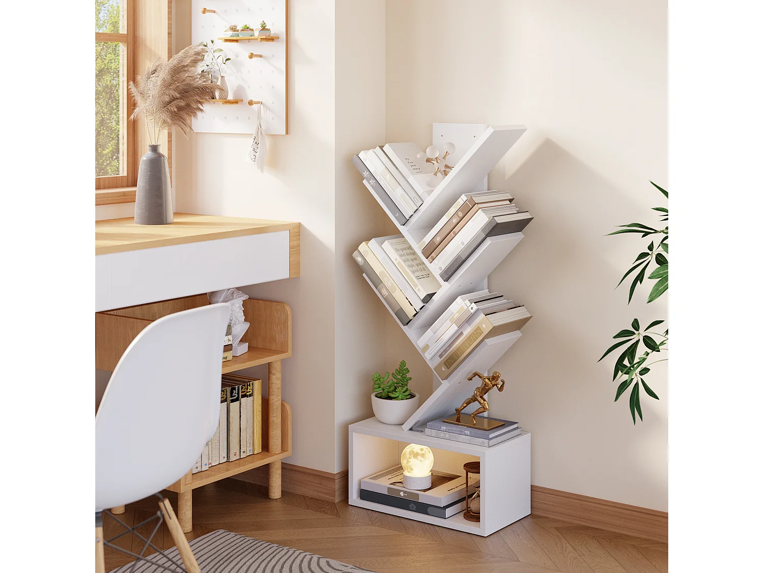 Bealife Bibliothèque 5 Niveaux Étagère de Rangement 1 Casier Arbre Livre CD Magazine Salon Chambre Enfant Blanc